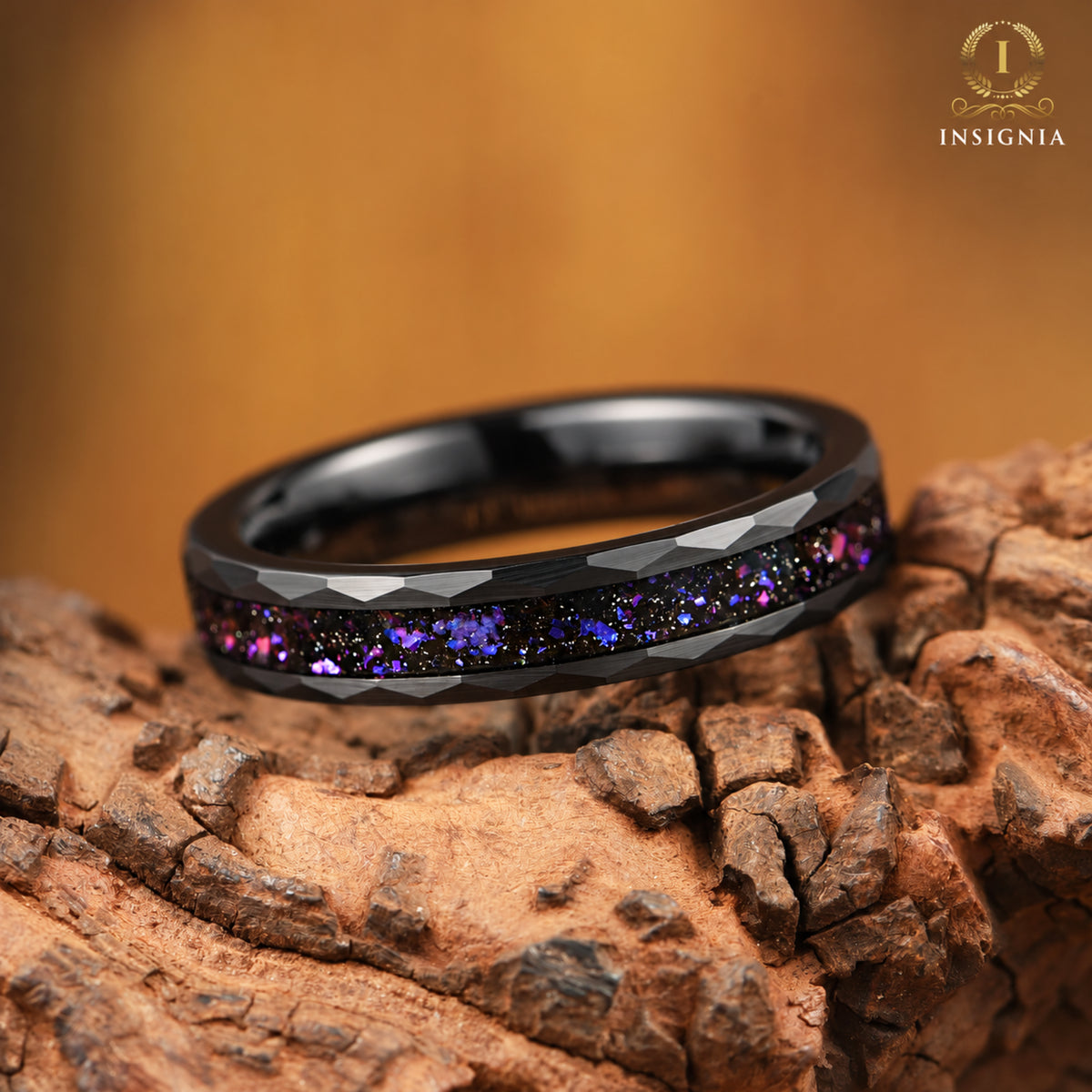His and Hers Black Tungsten Wedding Rings with Orion Nebula Design Profile View
