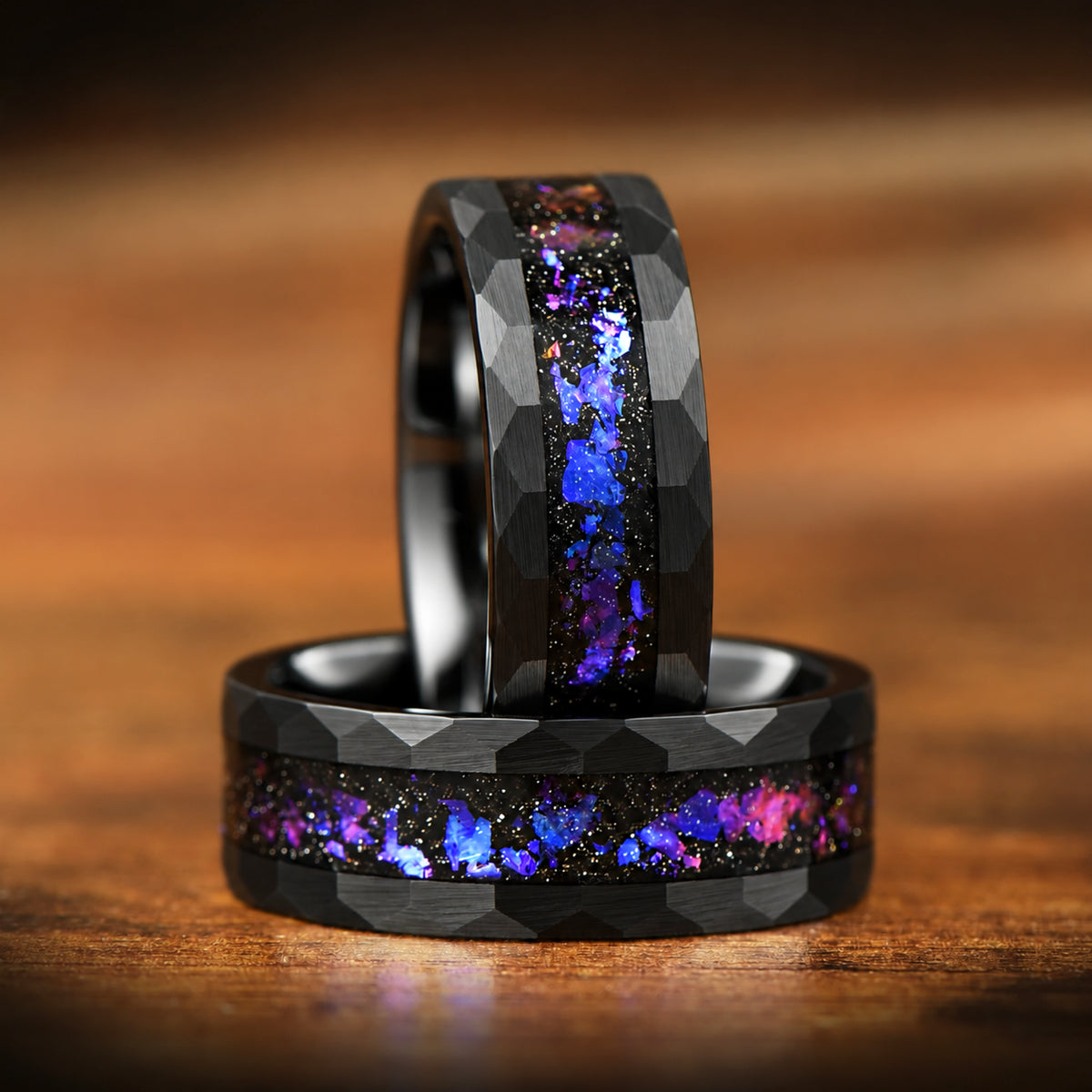 His and Hers Black Tungsten Wedding Rings with Orion Nebula Design Side View