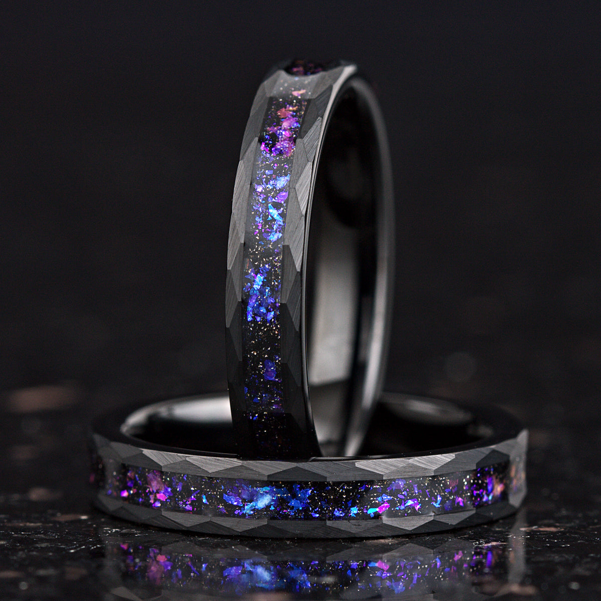 His and Hers Black Tungsten Wedding Rings with Orion Nebula Design Side View