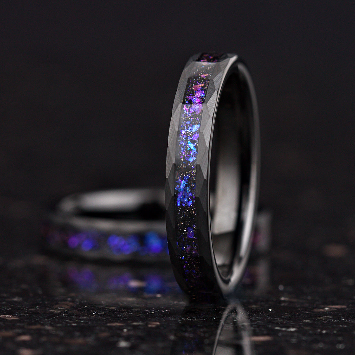 His and Hers Black Tungsten Wedding Rings with Orion Nebula Design Texture Detail