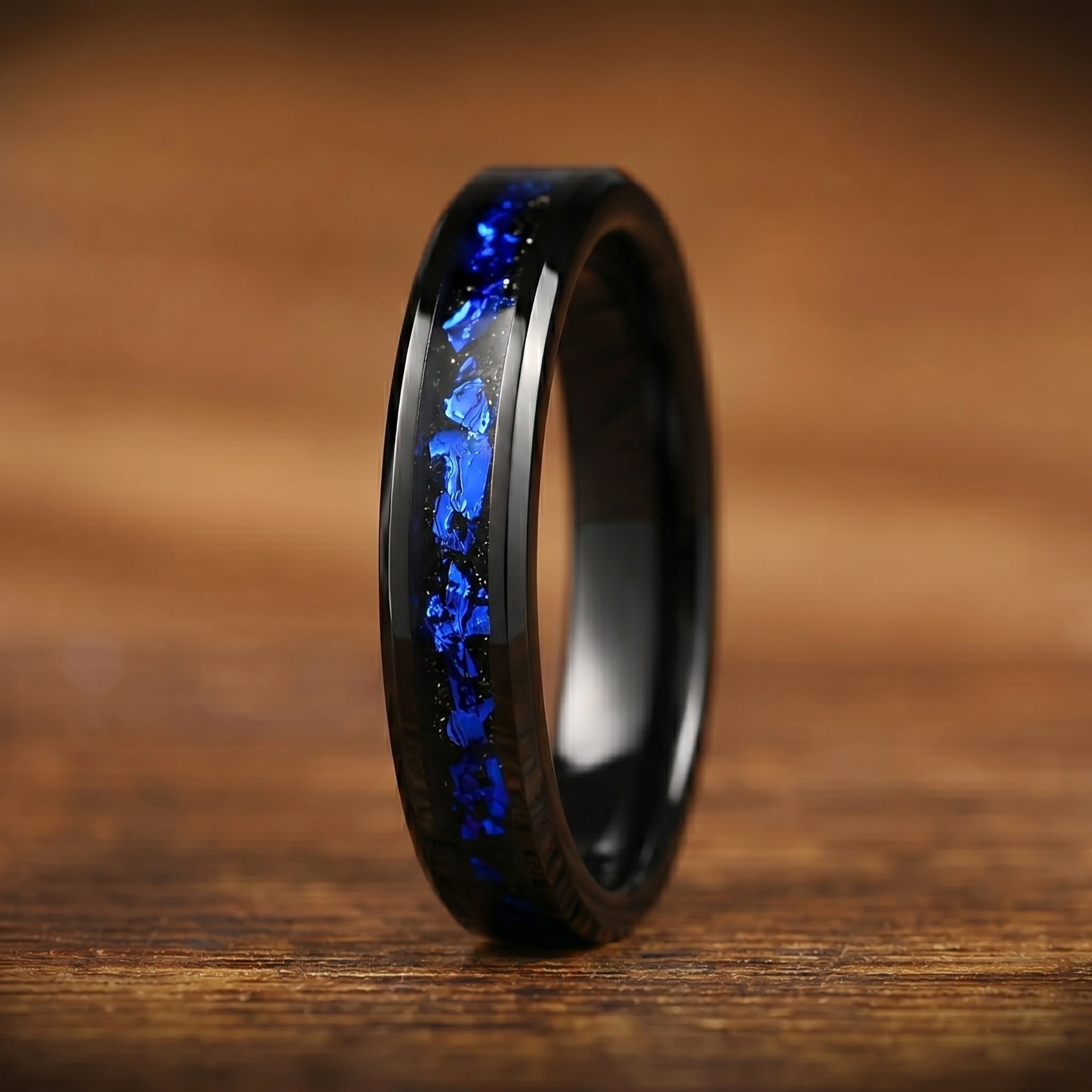 His and Hers Black Tungsten Wedding Set with Alexandrite Detail View