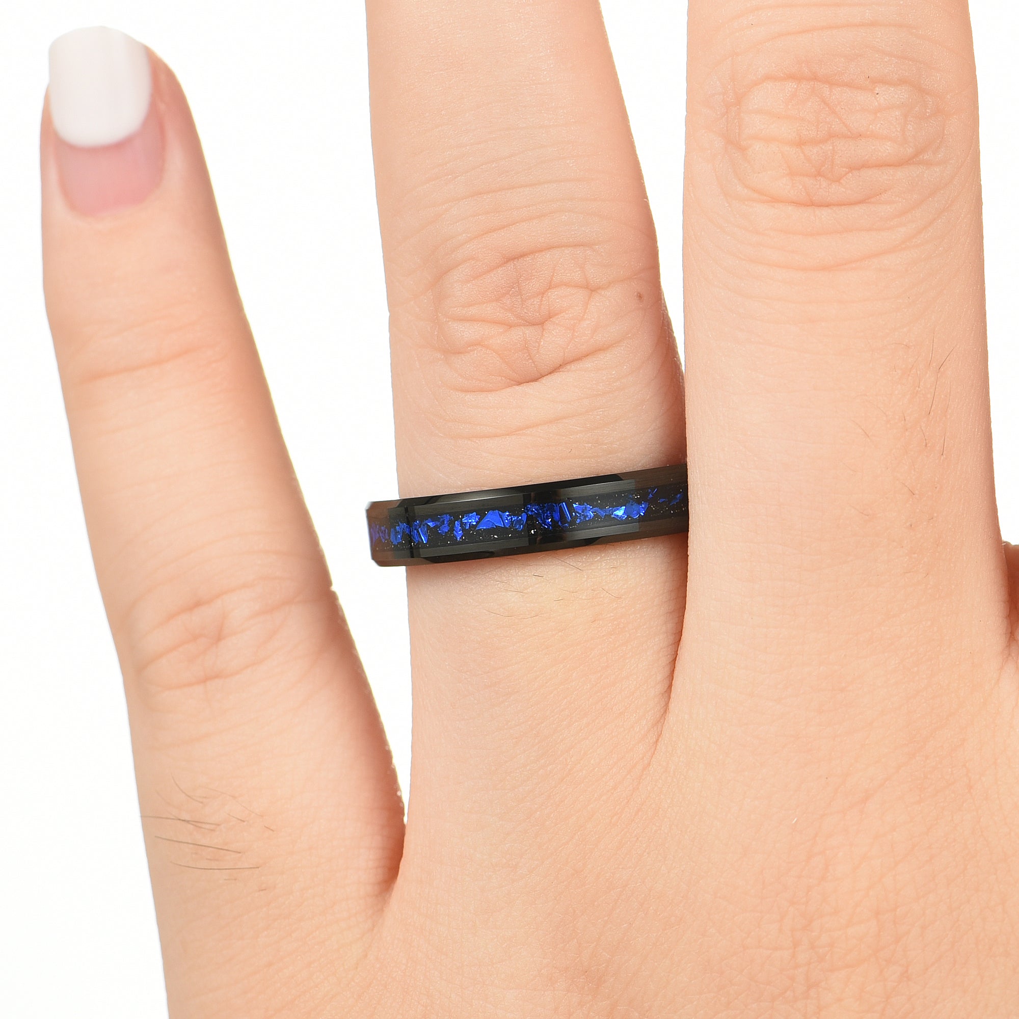 His and Hers Black Tungsten Wedding Set in Nebula Design Female Hand View