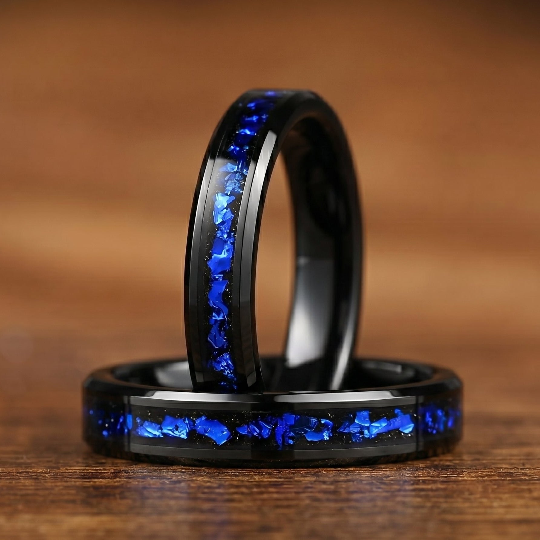 His and Hers Black Tungsten Wedding Set in Nebula Design Left Side View