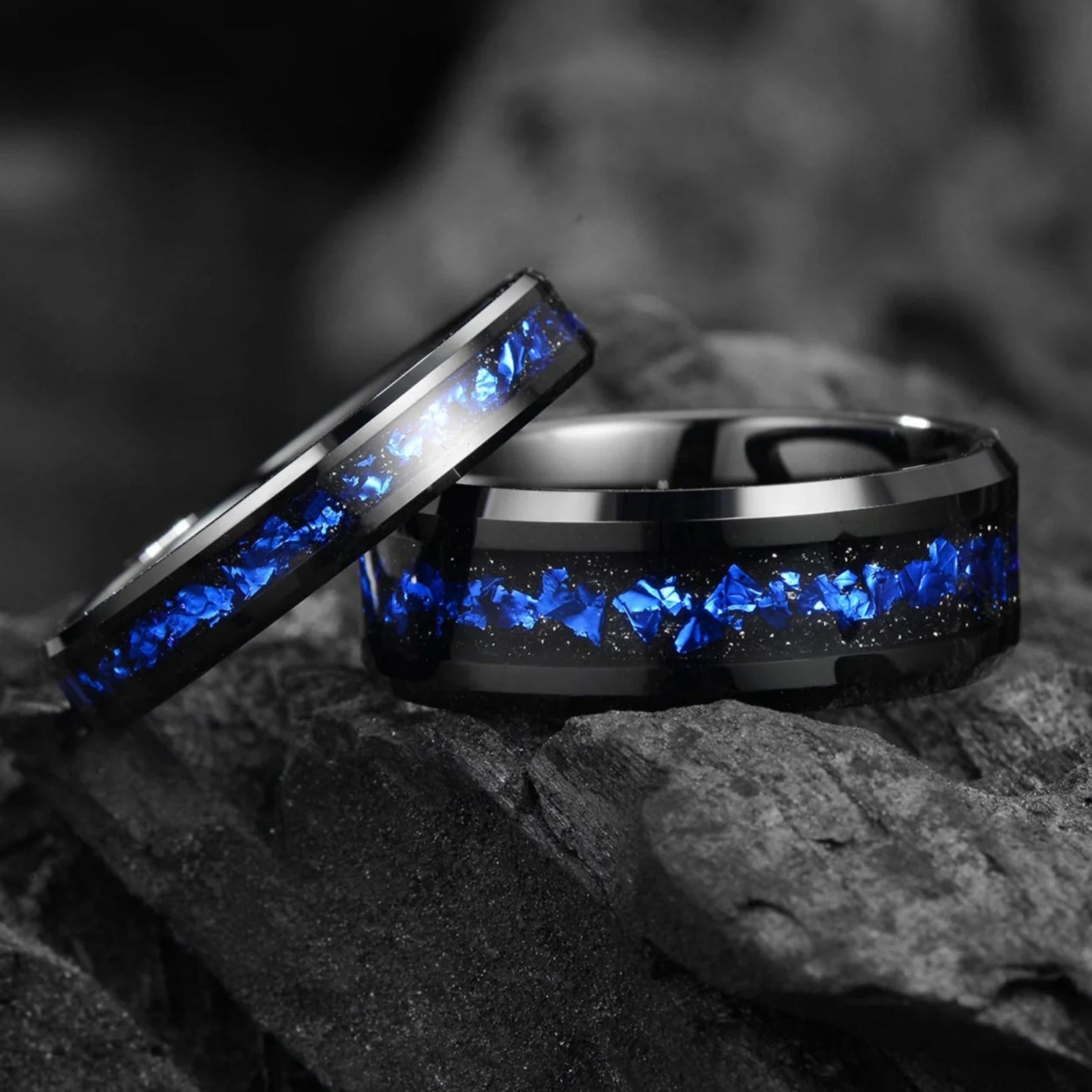 His and Hers Black Tungsten Wedding Set in Nebula Design Main View