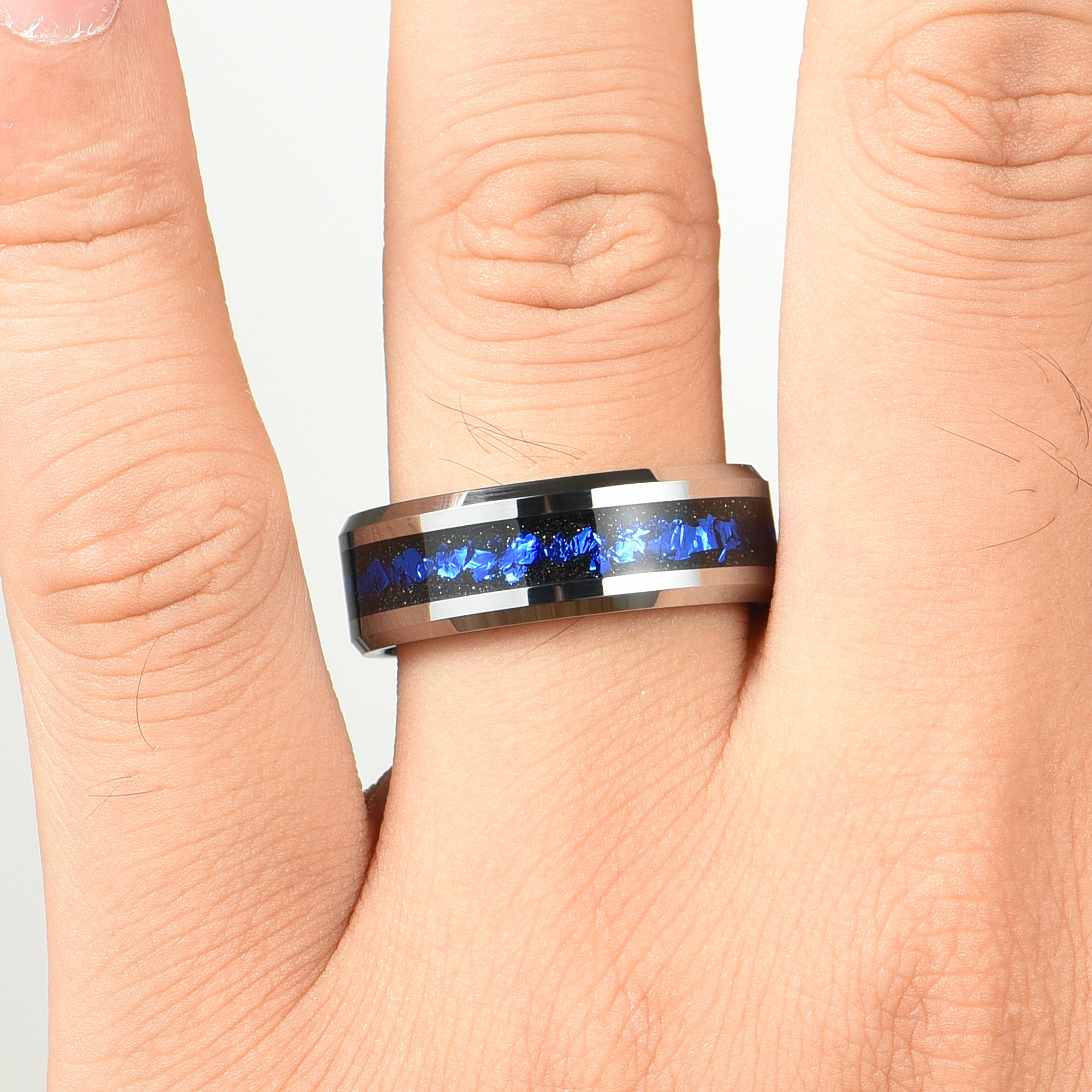  His and Hers Commitment Ring Couple in Silver Design Male Hand View