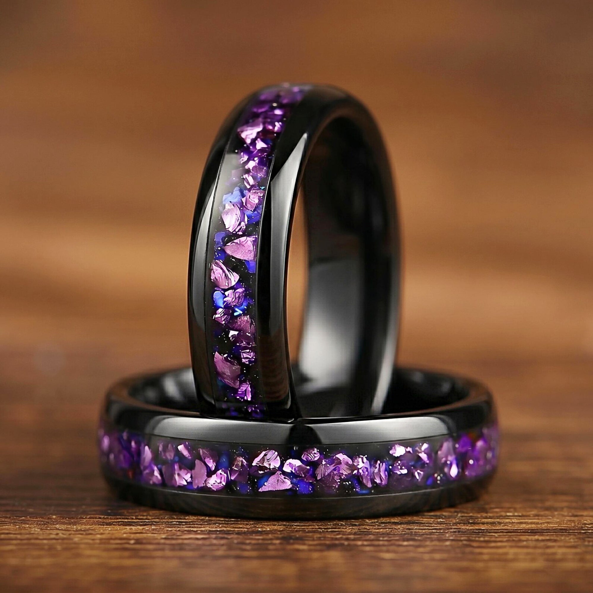 His and Hers Galaxy Matching Rings with Alexandrite and Blue Sandstone Angled View