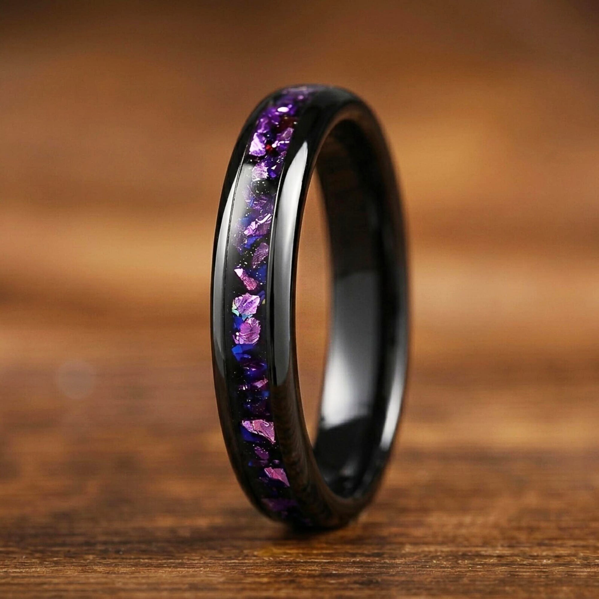 His and Hers Galaxy Matching Rings with Alexandrite and Blue Sandstone Close Up View