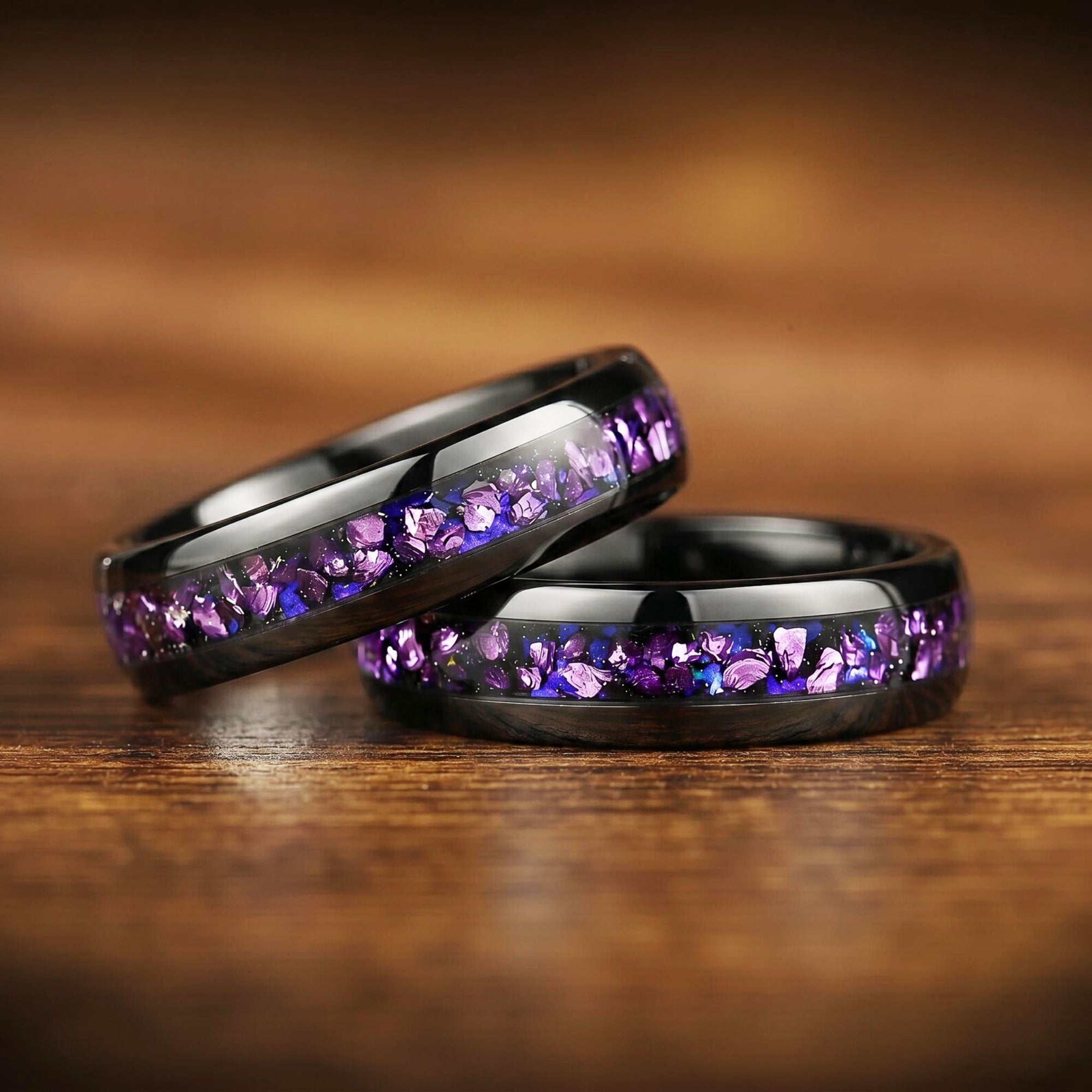 His and Hers Galaxy Matching Rings with Alexandrite and Blue Sandstone Detail View