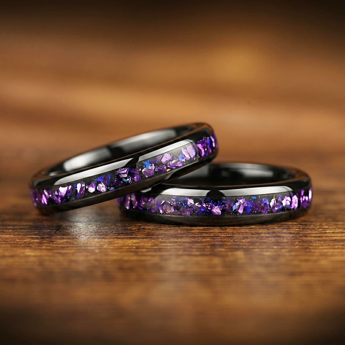 His and Hers Galaxy Matching Rings with Alexandrite and Blue Sandstone Flat Lay View