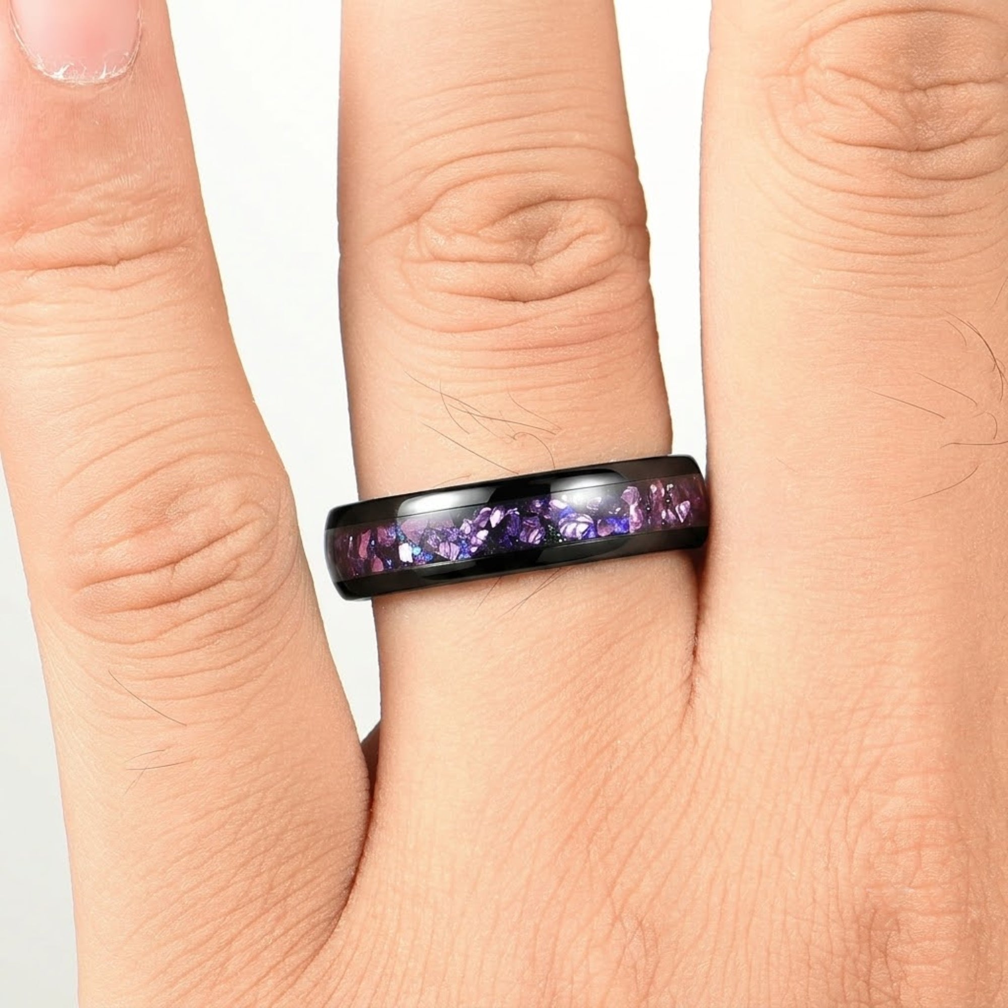 His and Hers Galaxy Matching Rings with Alexandrite and Blue Sandstone Male Hand View
