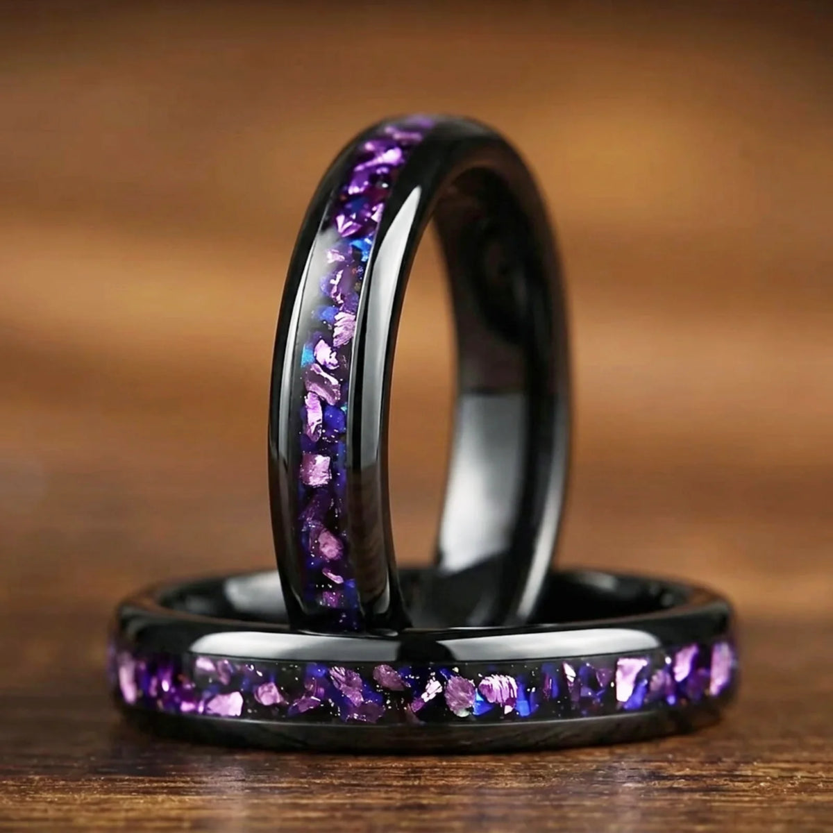 His and Hers Galaxy Matching Rings with Alexandrite and Blue Sandstone Texture Detail