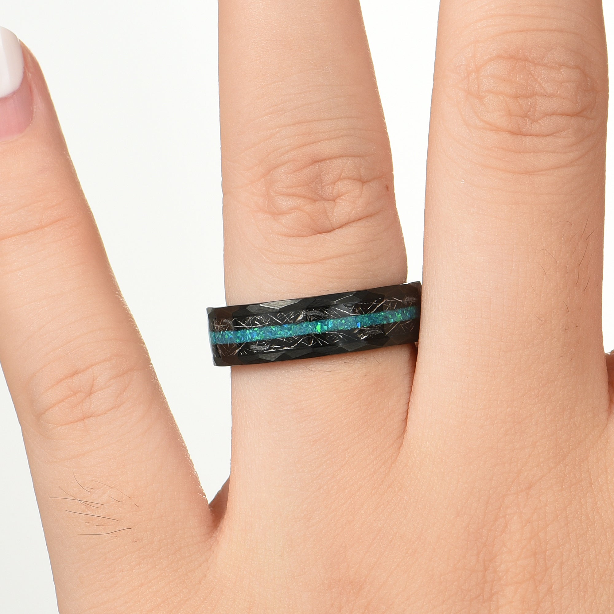 His and Hers Opal Promise Set in Black Female Hand View