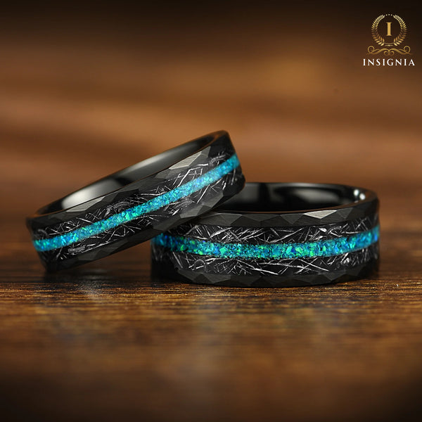 His Her Opal Promise Ring Set Authentic Meteorite Couple Rings