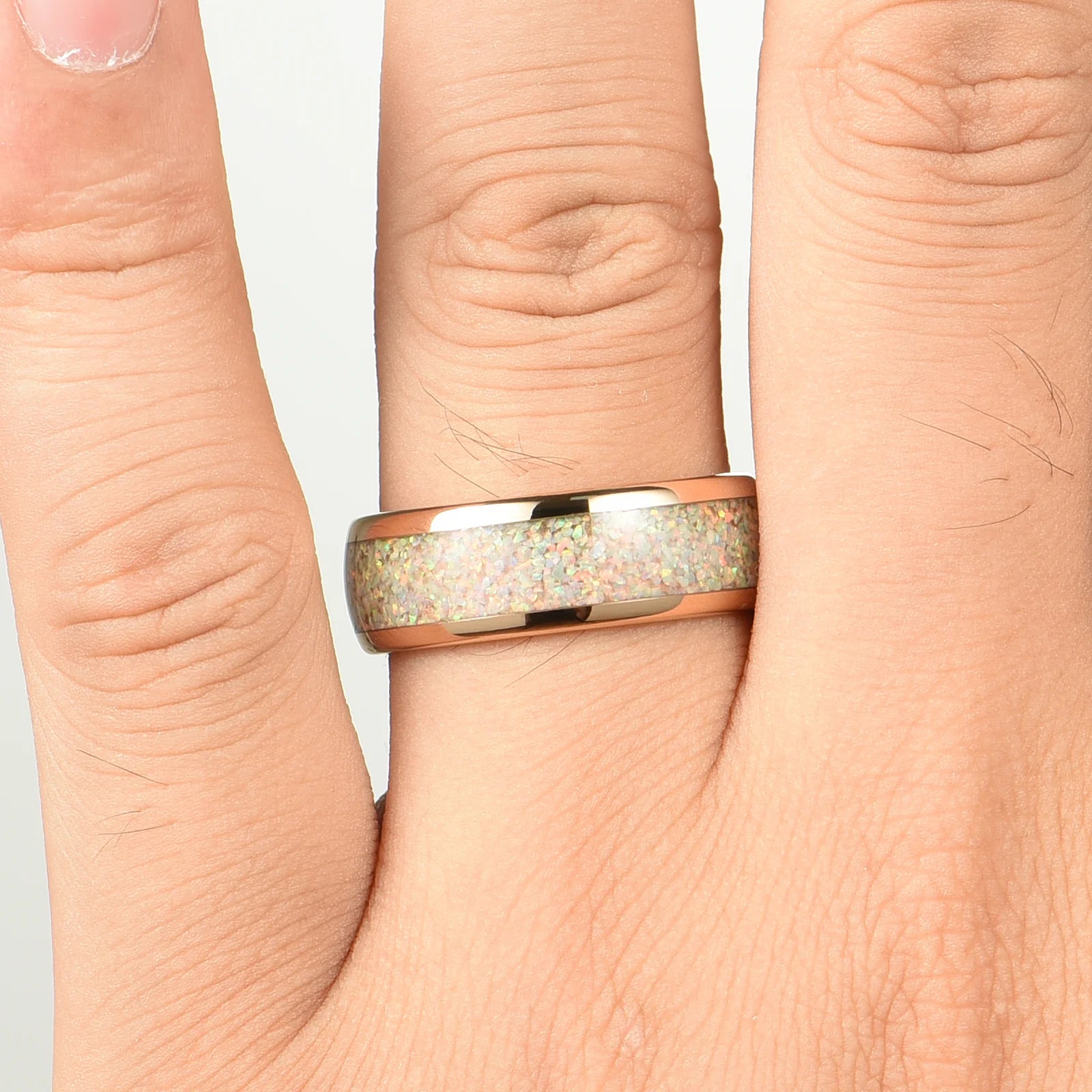 His and Hers Opal Tungsten Rings in Rose Gold Male Hand View