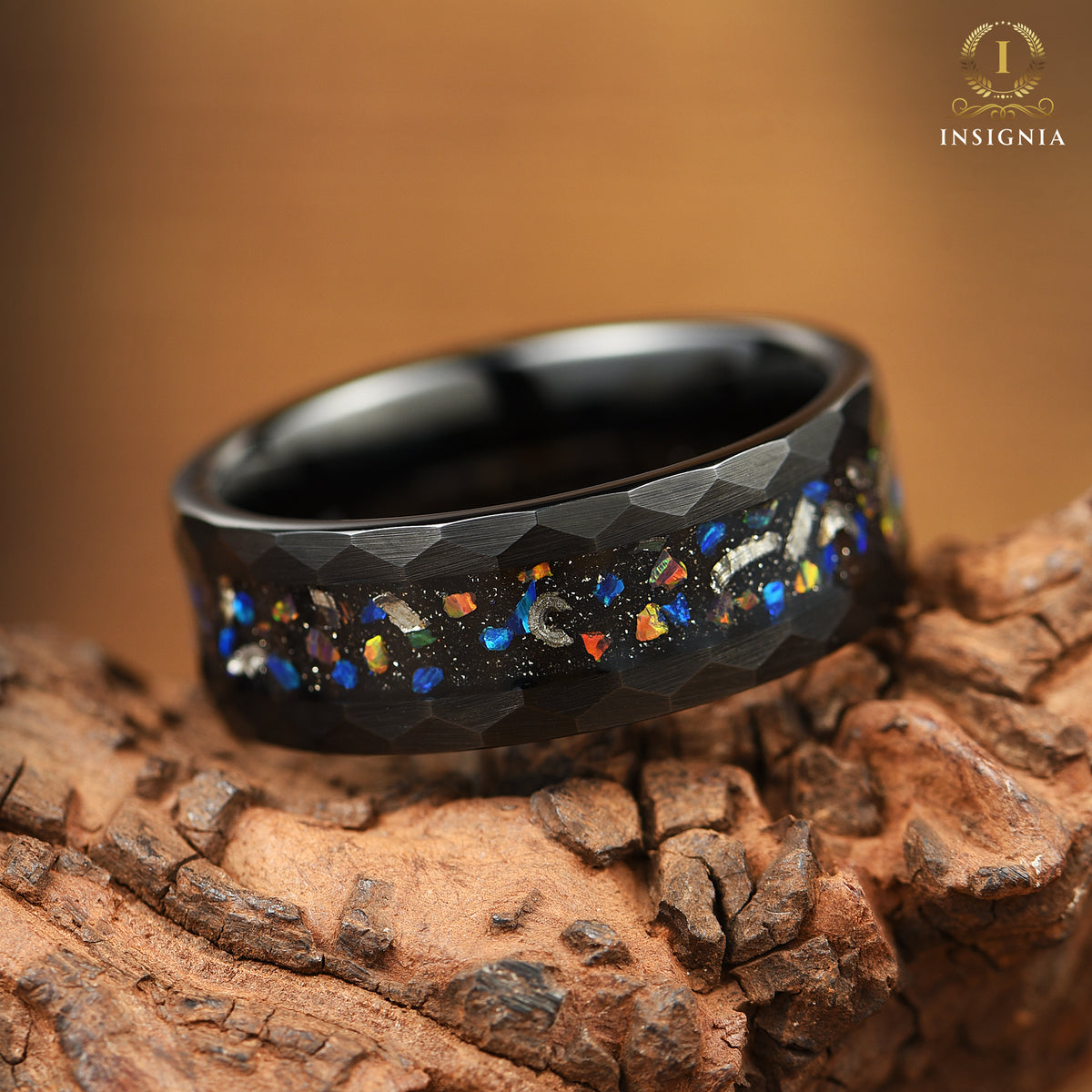 His and Hers Opal Wedding Rings Set in Galaxy Design Angled View