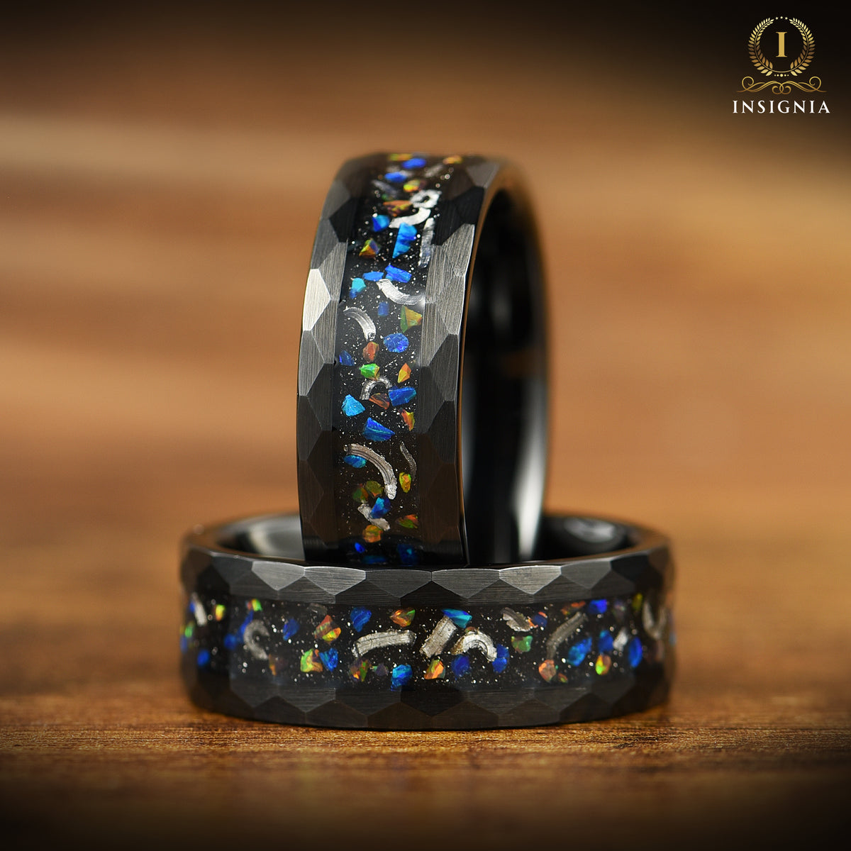 His and Hers Opal Wedding Rings Set in Galaxy Design Close Up View