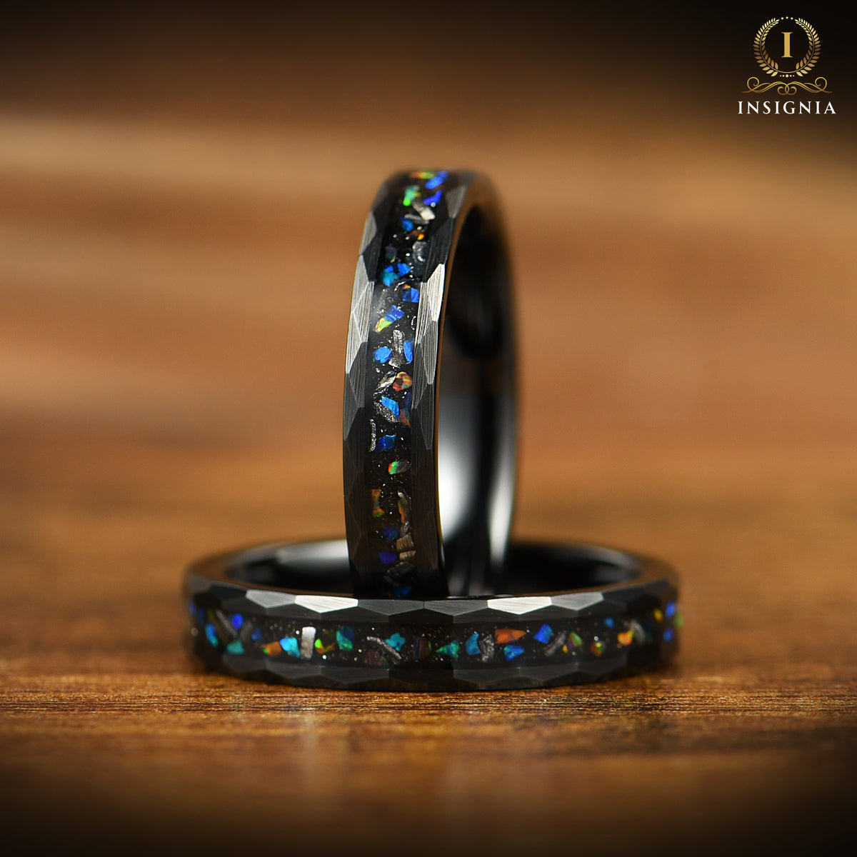His and Hers Opal Wedding Rings Set Showing Galaxy Inspired Opal Inlay