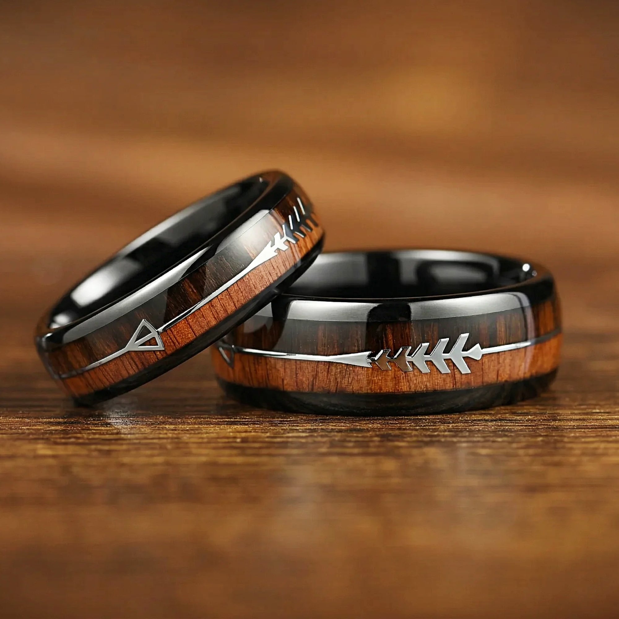 His and Hers Promise Engraved Rings in Black Wooden Design Main View