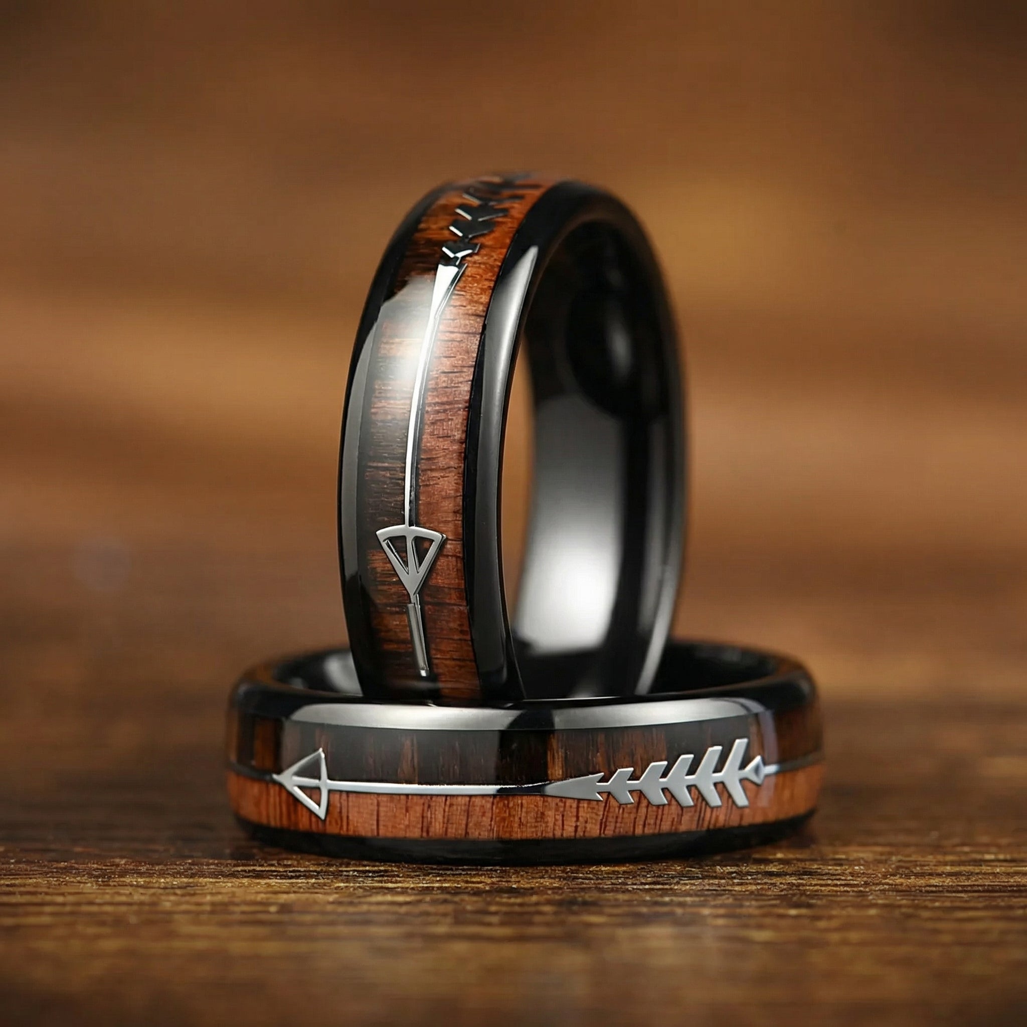 His and Hers Promise Engraved Rings Highlighting Wooden Inlay Design