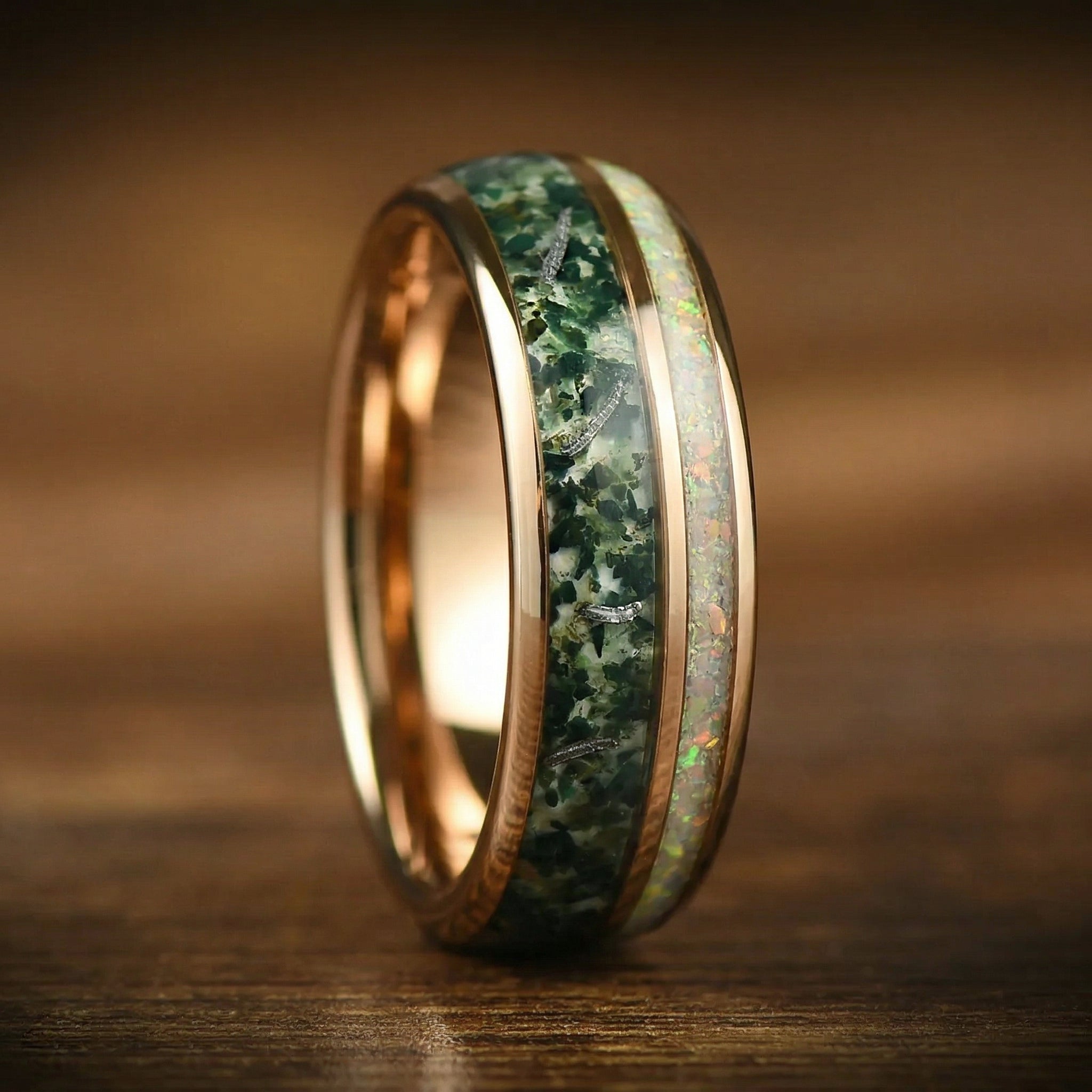 Detail View of His and Hers Promise Ring Couple in Moss Agate