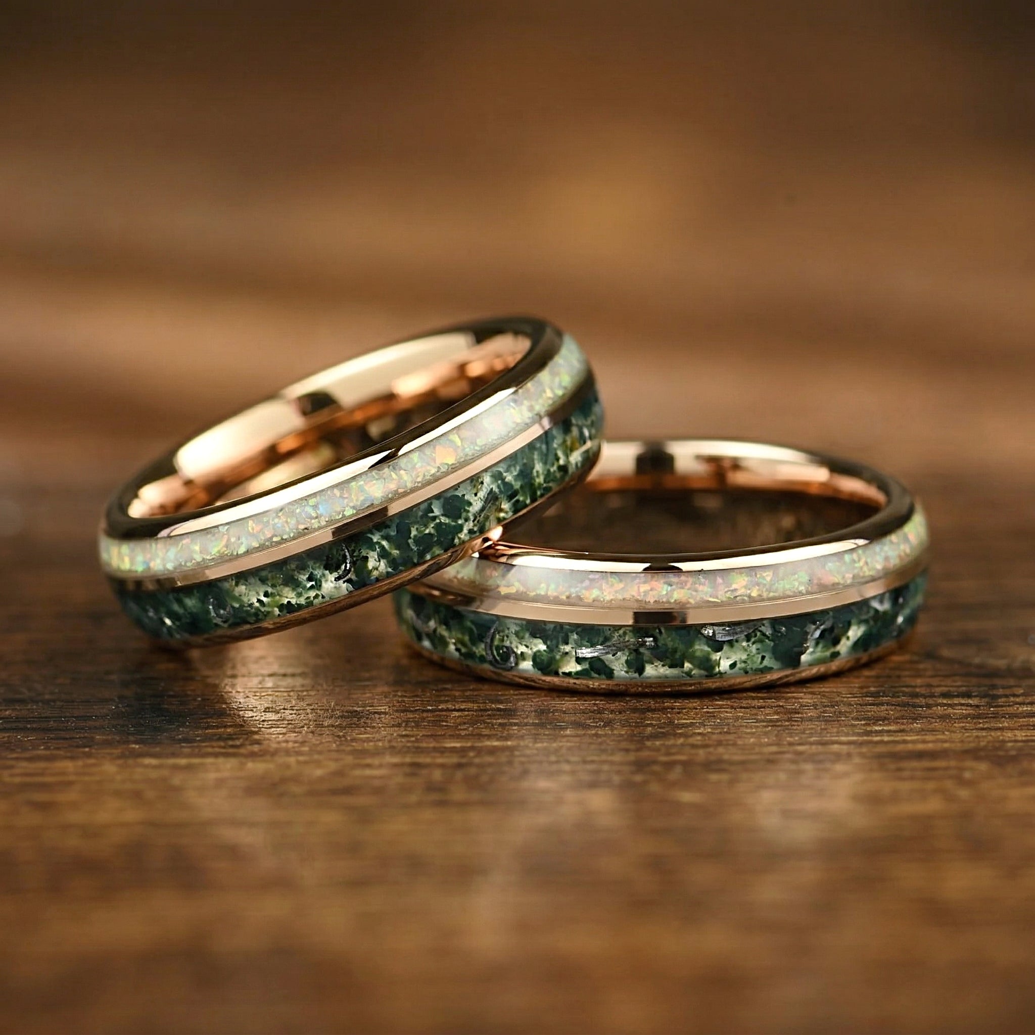 Flat Lay of His and Hers Promise Ring Couple in Moss Agate