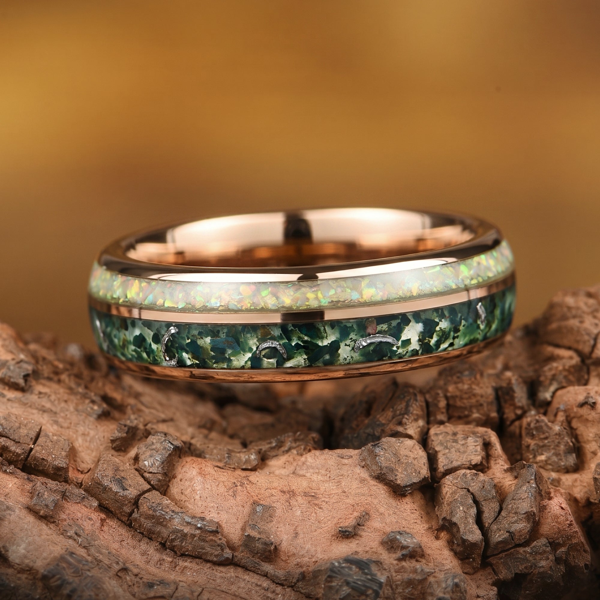 Texture Detail of His and Hers Promise Ring Couple in Moss Agate