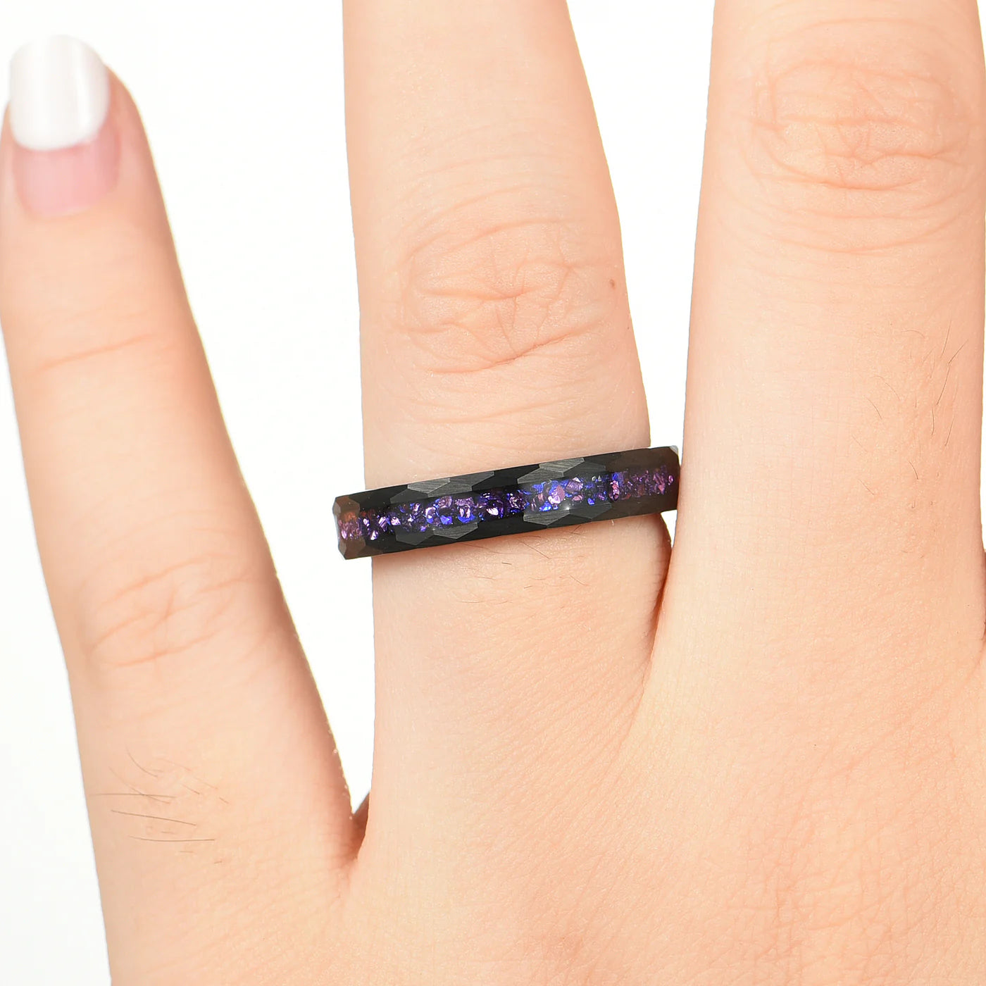 His and Hers Promises Ring Couple in Black Design Female Hand View