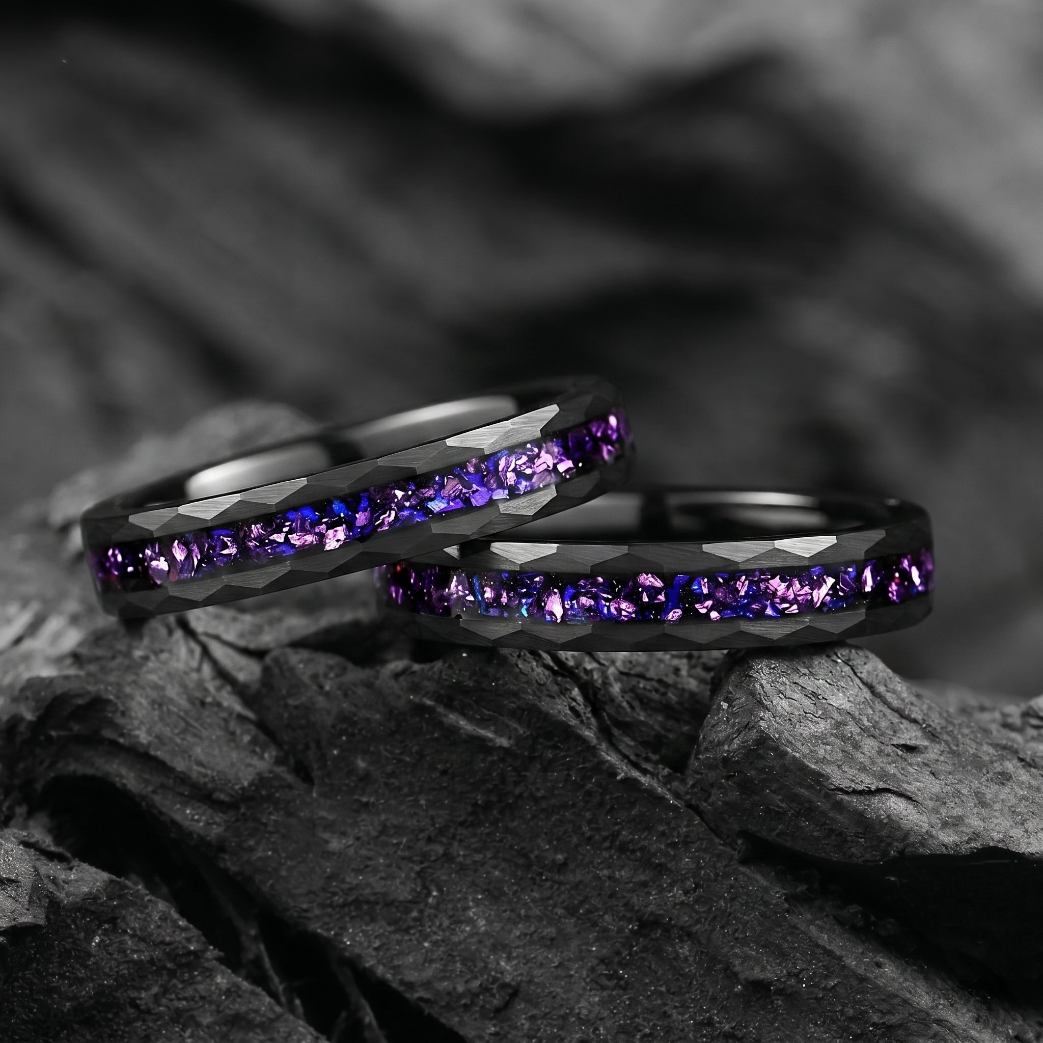 His and Hers Promises Ring Couple in Black Design Stacked Display