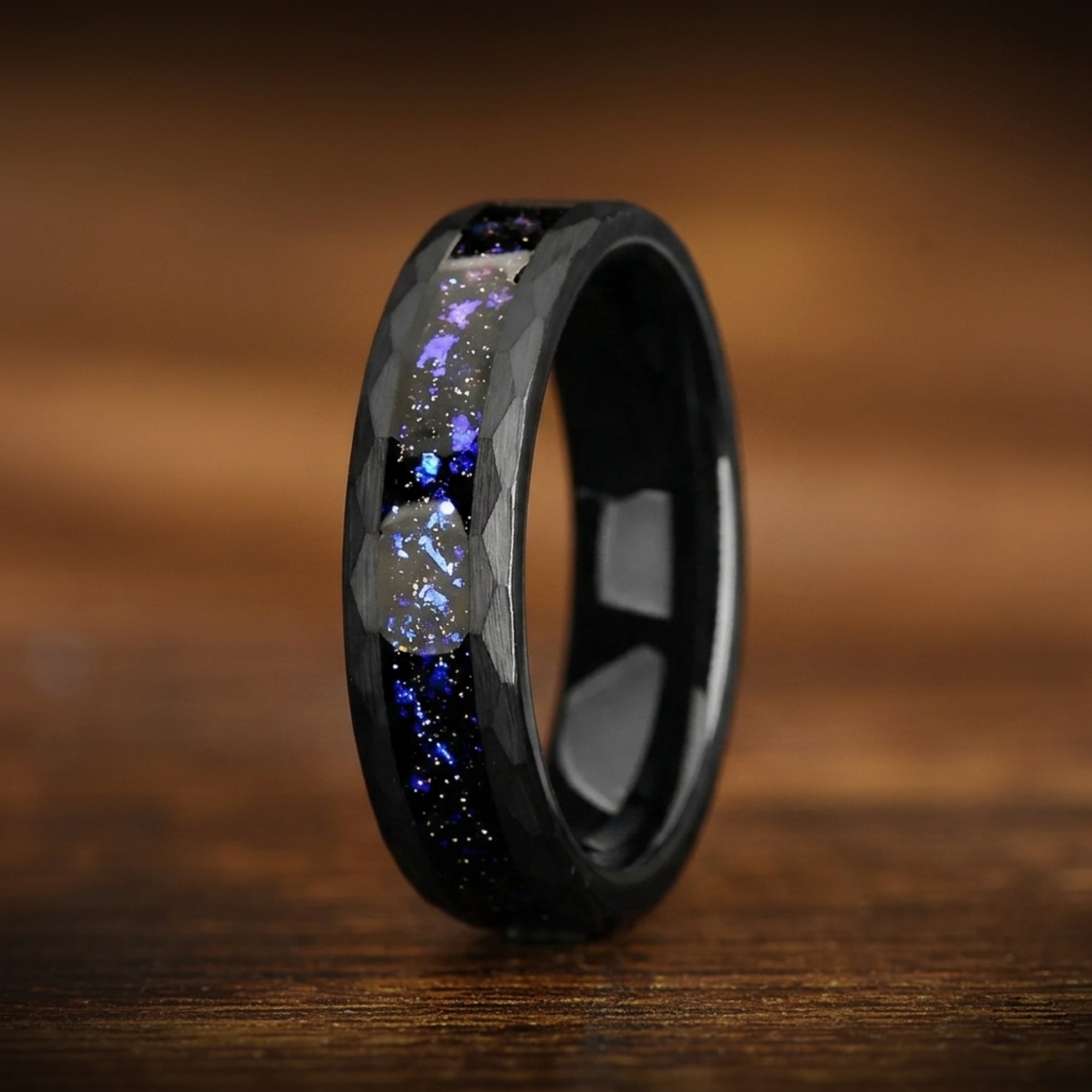 His and Hers Relationship Promise Rings in Black Galaxy Design Close Up View