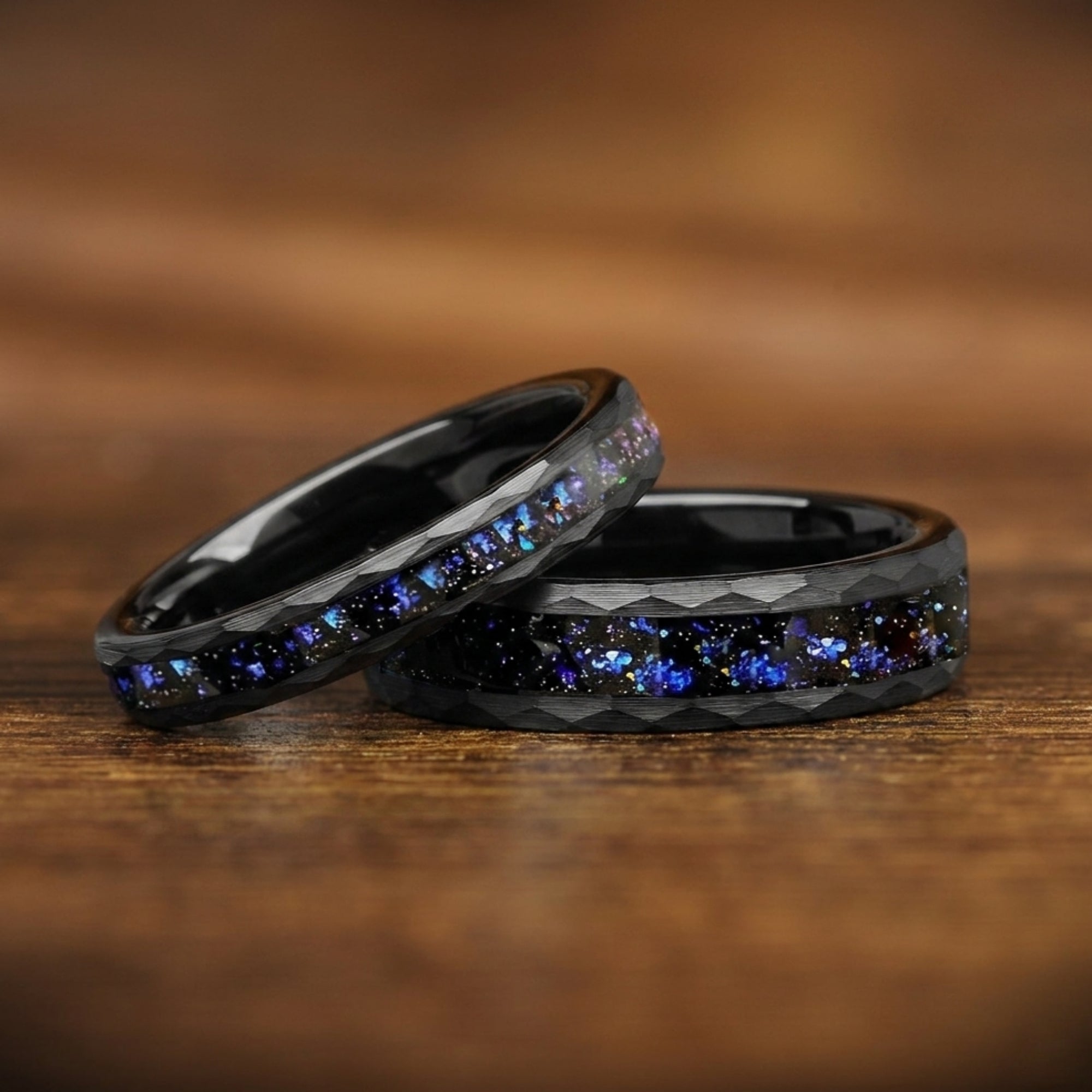 His and Hers Relationship Promise Rings in Black Galaxy Design Main View