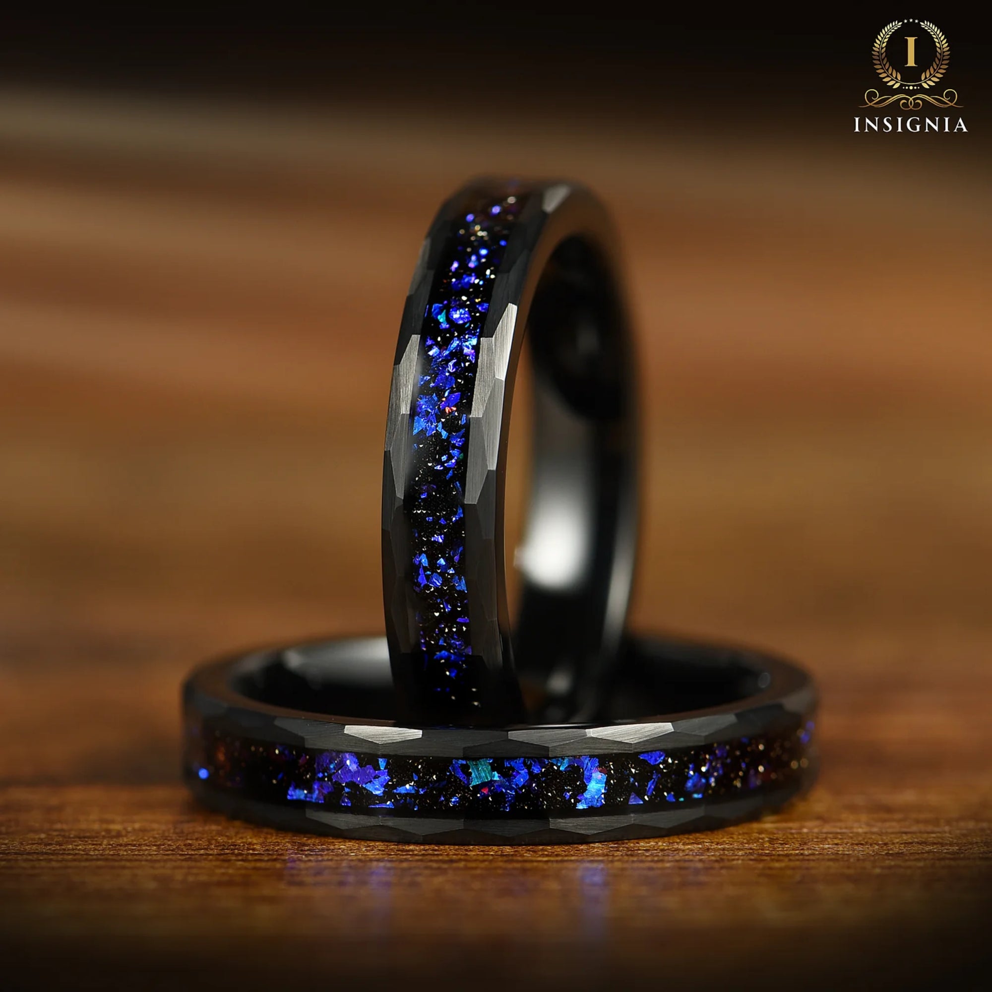 His and Hers Relationship Promise Rings in Black Galaxy Design Side View