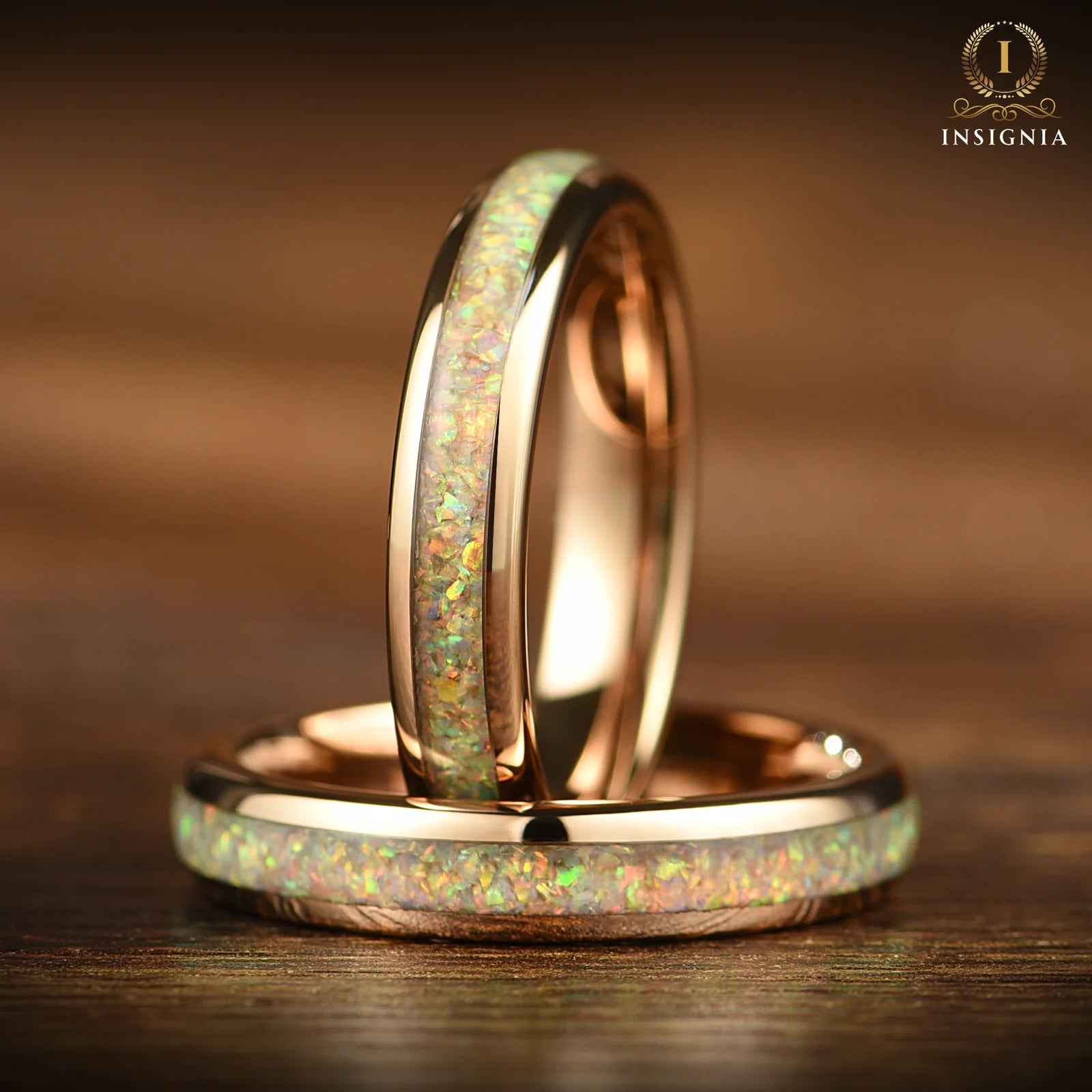 His and hers ring set UK with moss agate and meteorite detail