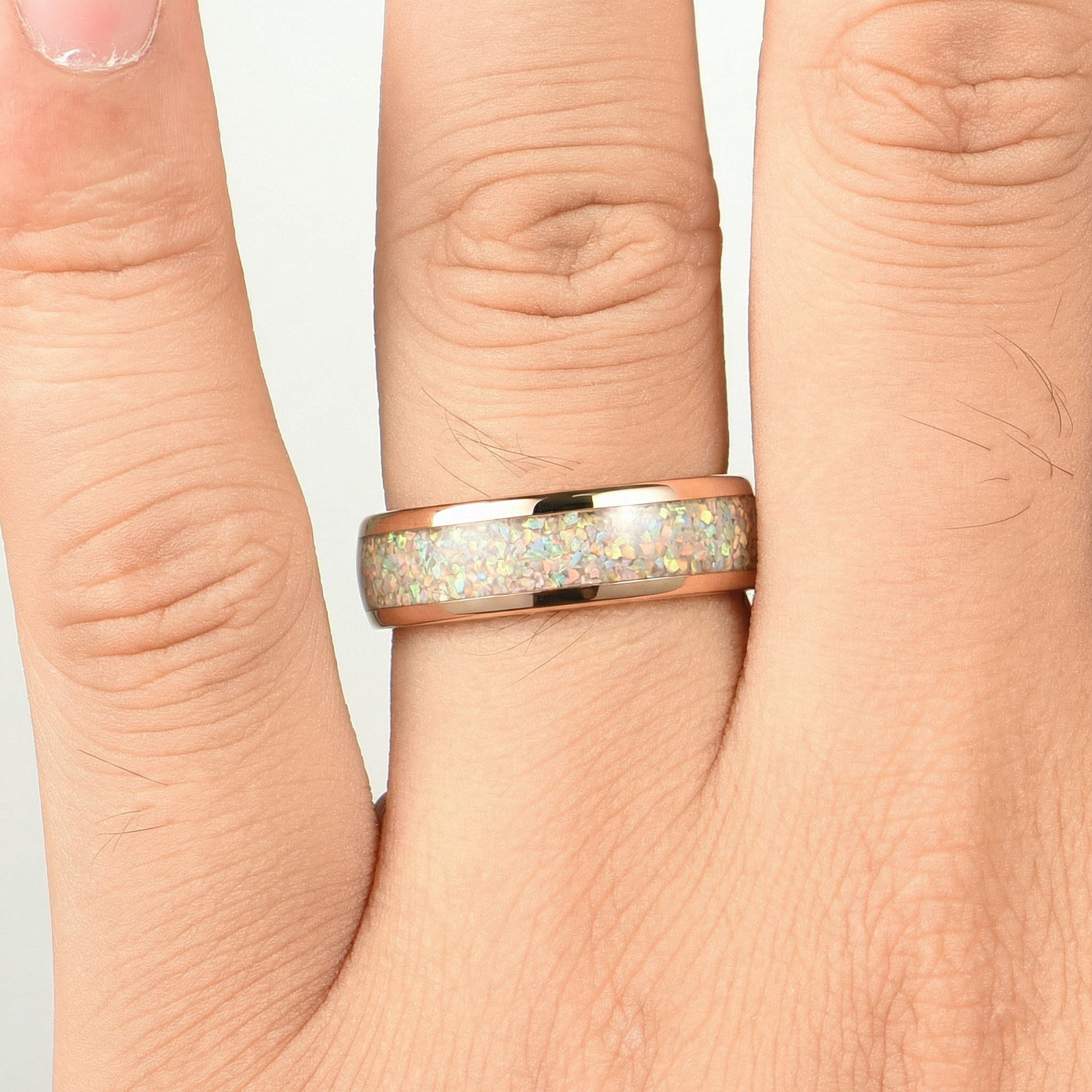 His and Hers Rose Gold Wedding Set with Fire Opal Male Hand View
