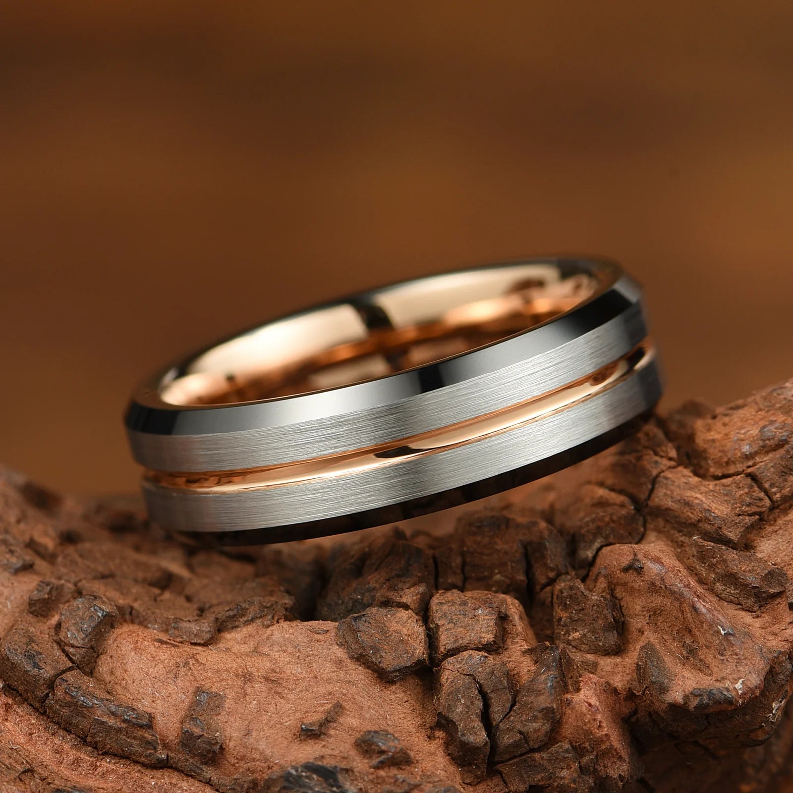 WEDDING RING TUNGSTEN ROSE GOLD SILVER WITH BLACK EDGES UNISEX (6MM)