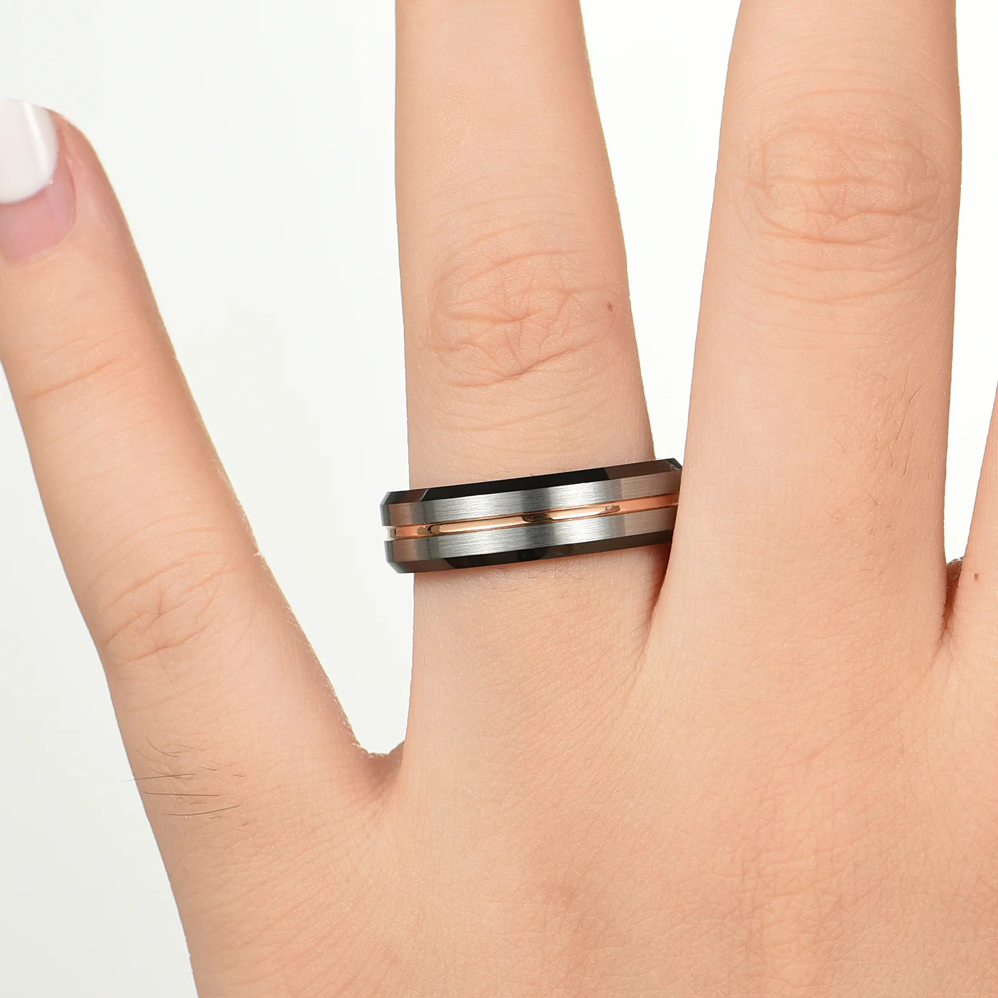 WEDDING RING TUNGSTEN ROSE GOLD SILVER WITH BLACK EDGES UNISEX (6MM)