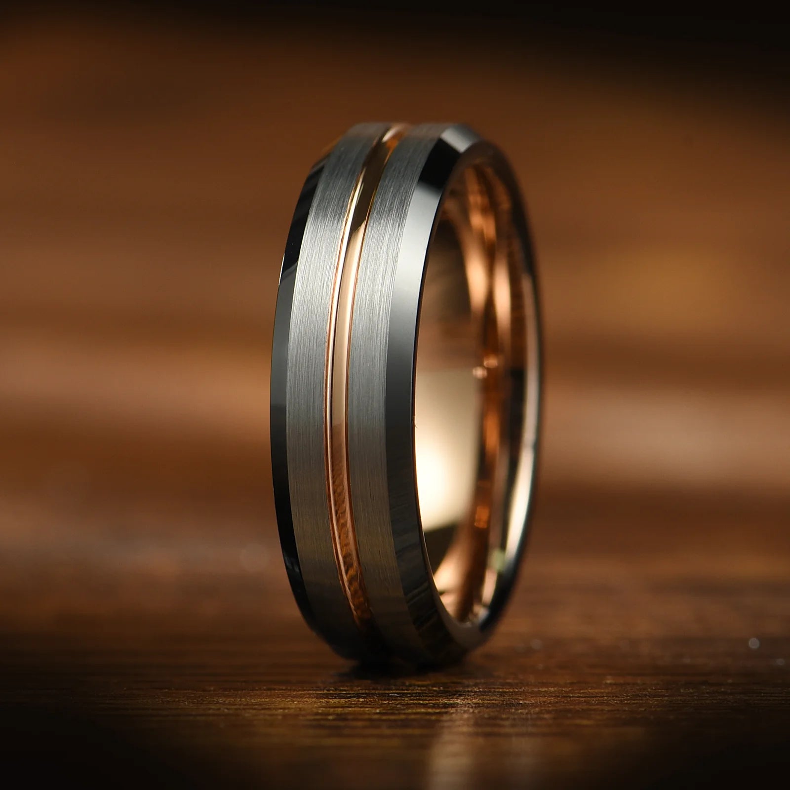 WEDDING RING TUNGSTEN ROSE GOLD SILVER WITH BLACK EDGES UNISEX (6MM)