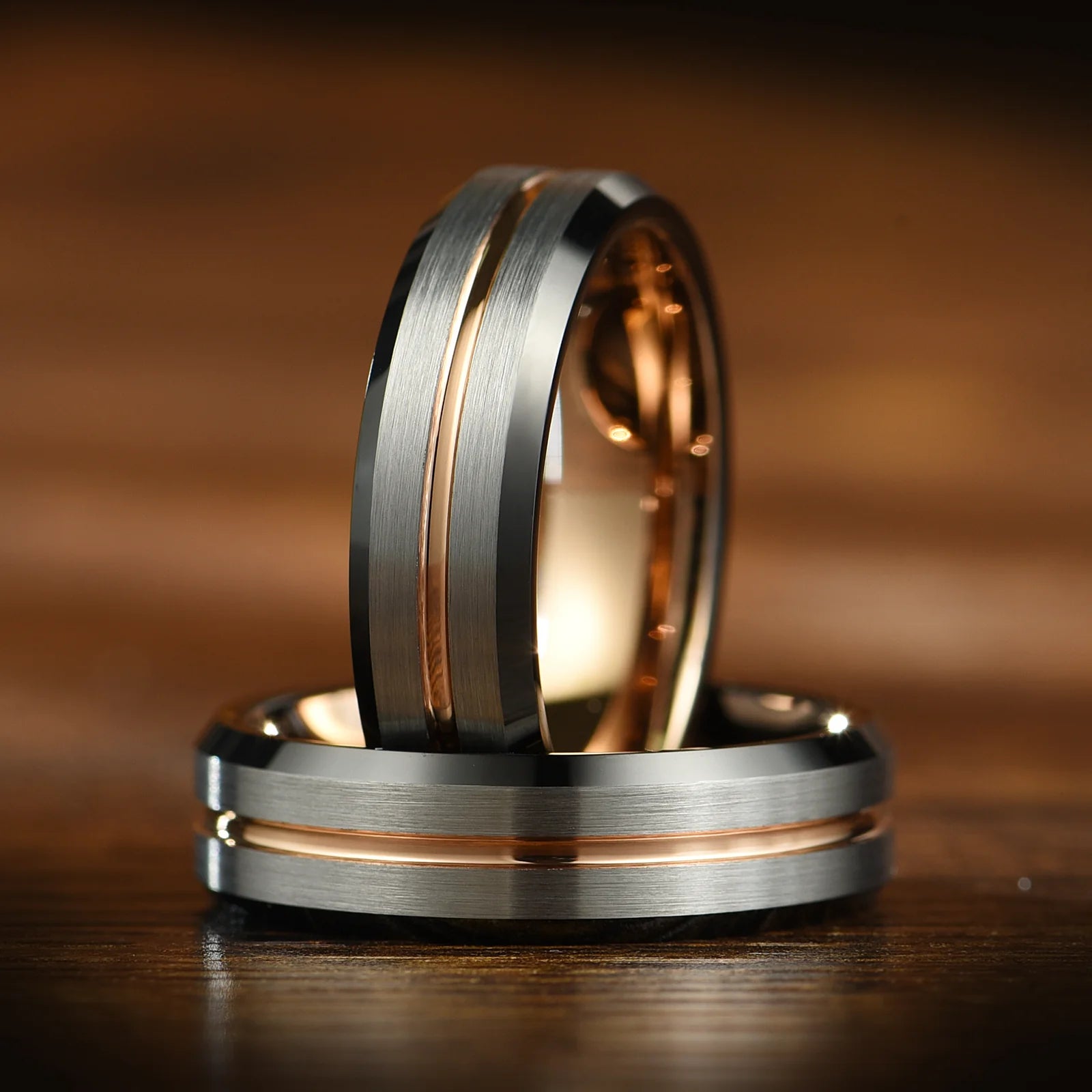 WEDDING RING TUNGSTEN ROSE GOLD SILVER WITH BLACK EDGES UNISEX (6MM)
