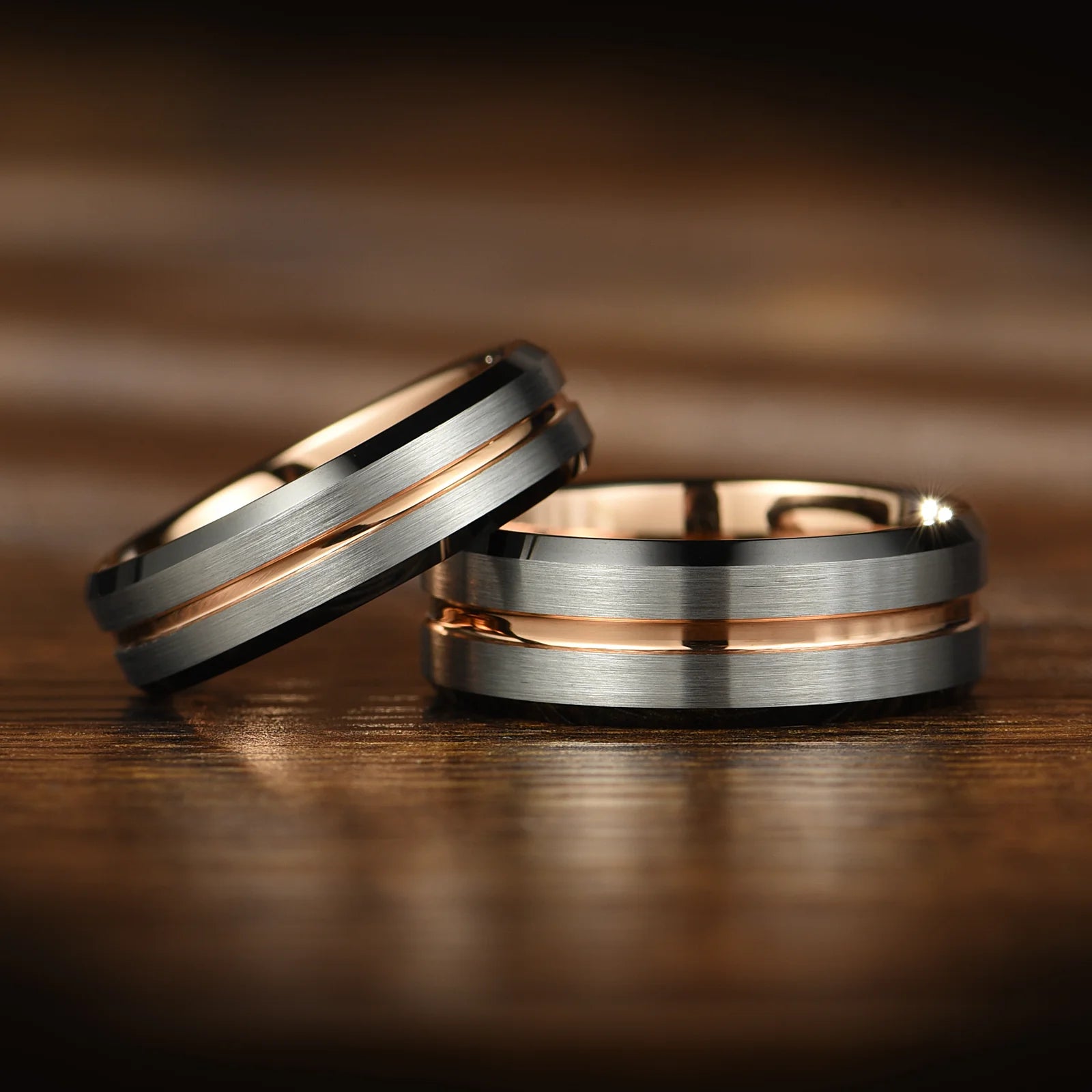 WEDDING RING TUNGSTEN ROSE GOLD SILVER WITH BLACK EDGES UNISEX (6MM)