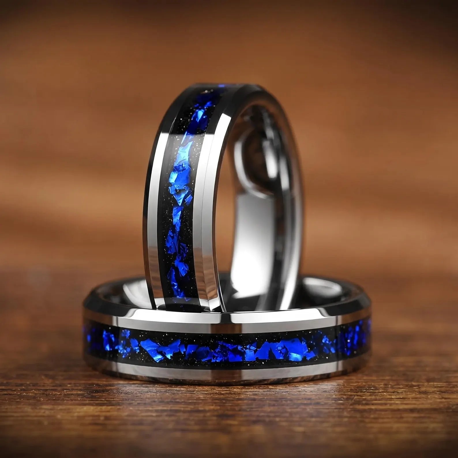 His and Hers Silver Tungsten Wedding Set in Galaxy Design Side View
