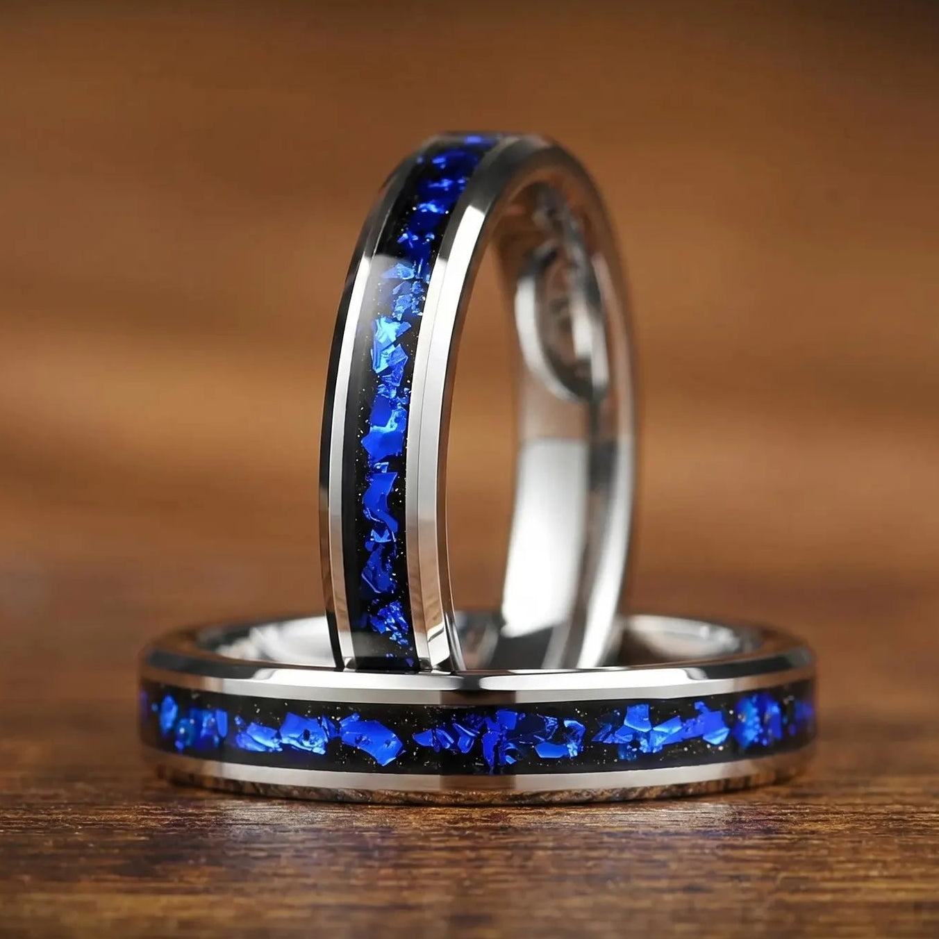 His and Hers Silver Tungsten Wedding Set in Galaxy Design Texture Detail