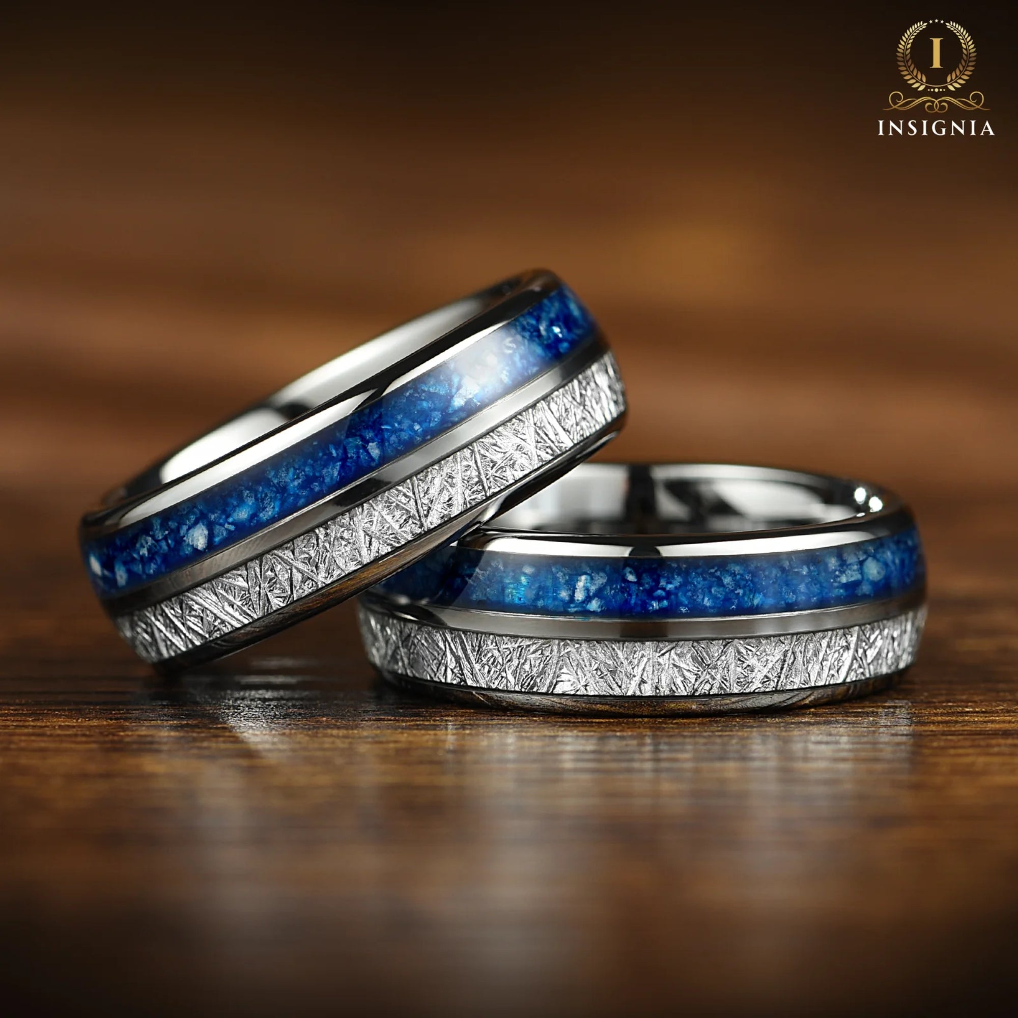 His and Hers Silver Wedding Set in Blue Agate Meteorite Design Stacked View