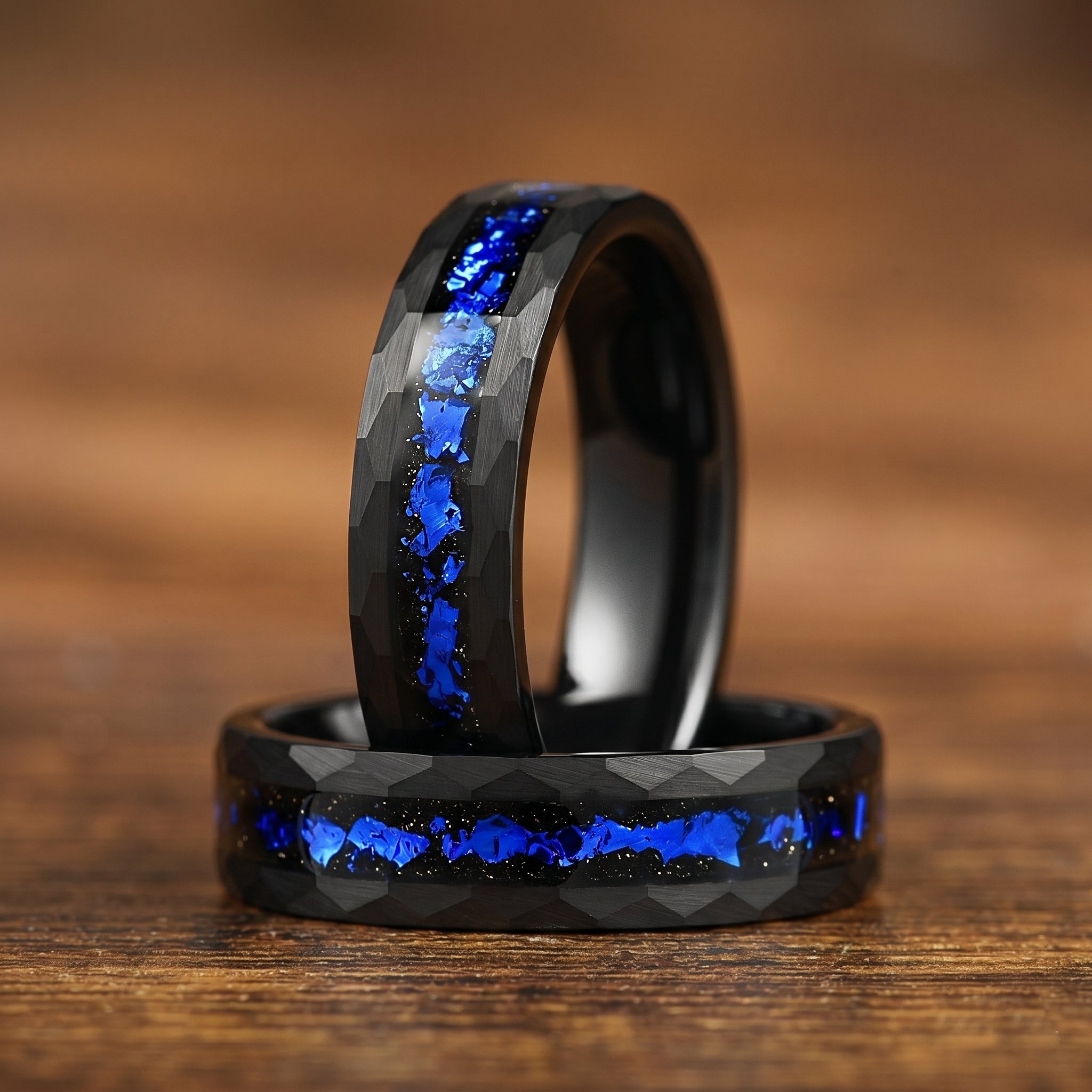 His and Hers Tungsten Wedding Ring Set in Galaxy Design Close Up View