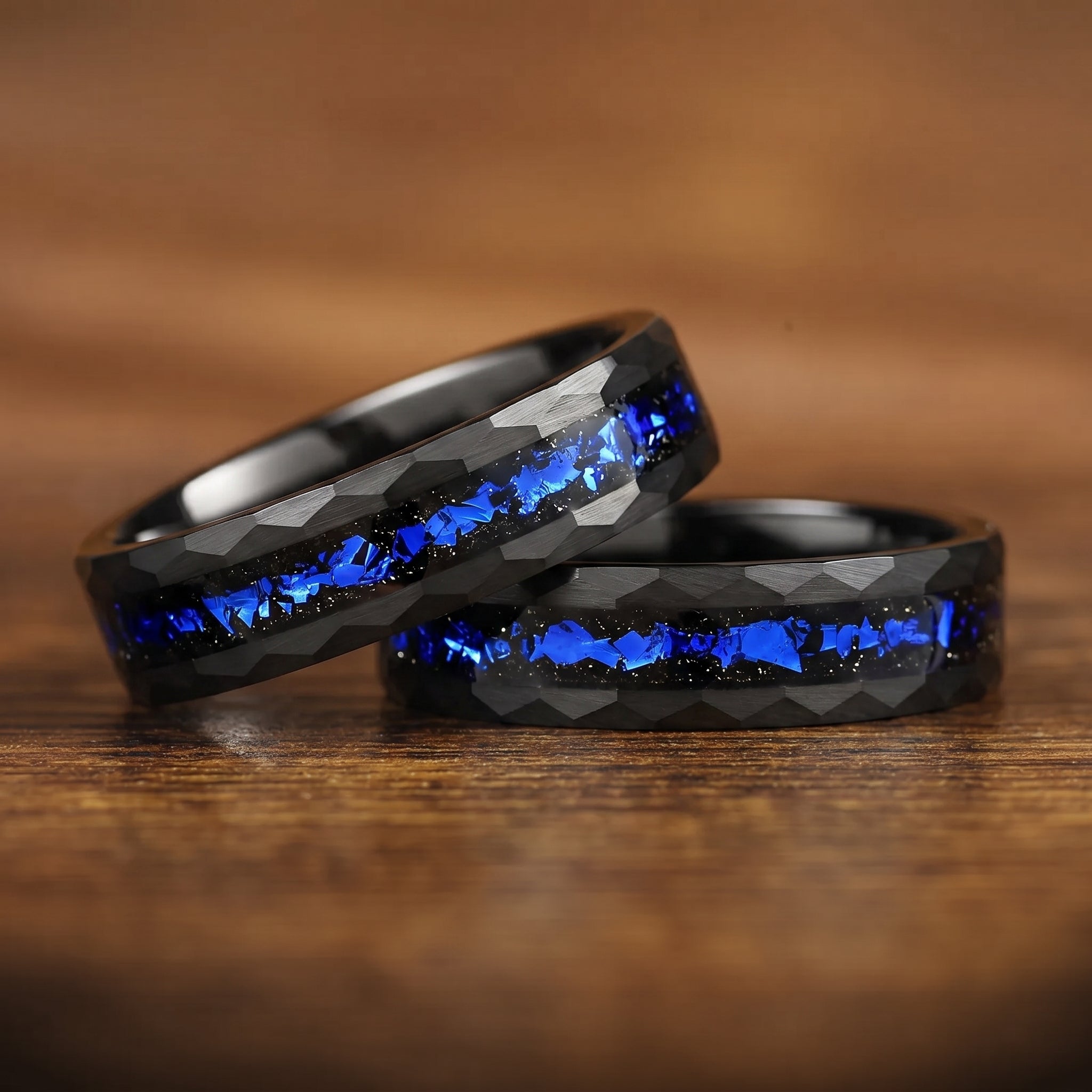 His and Hers Tungsten Wedding Ring Set in Galaxy Design Flat Lay View
