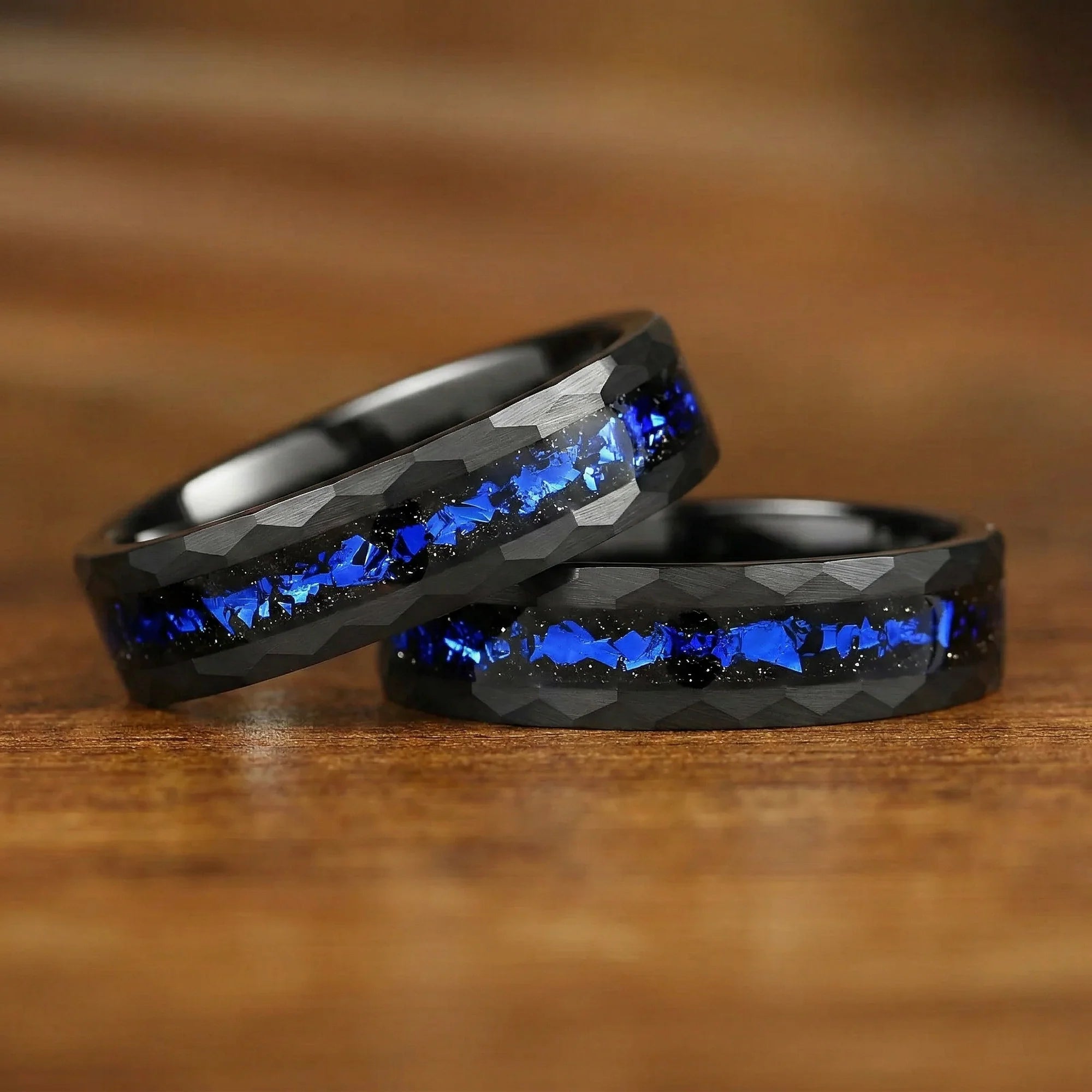 His and Hers Tungsten Wedding Rings Set in Galaxy Design Stacked View