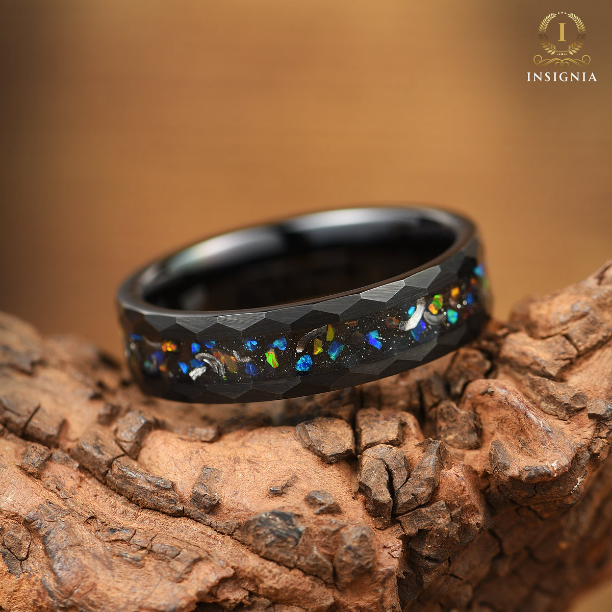 His and Hers Wedding Band Set with Meteorite, Black Fire Opal and Hammered Tungsten Angled View