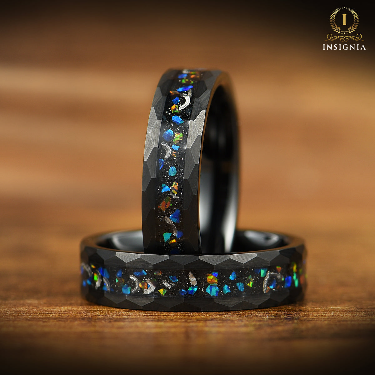 His and Hers Wedding Band Set with Meteorite, Black Fire Opal and Hammered Tungsten Close Up