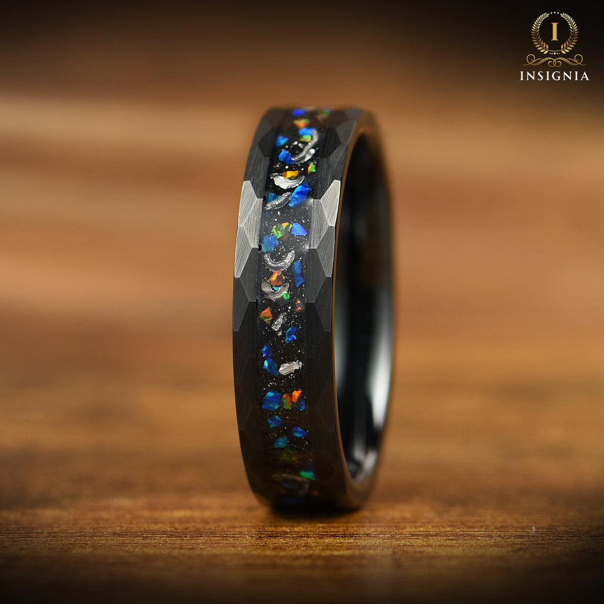 His and Hers Wedding Band Set with Meteorite, Black Fire Opal and Hammered Tungsten Left View