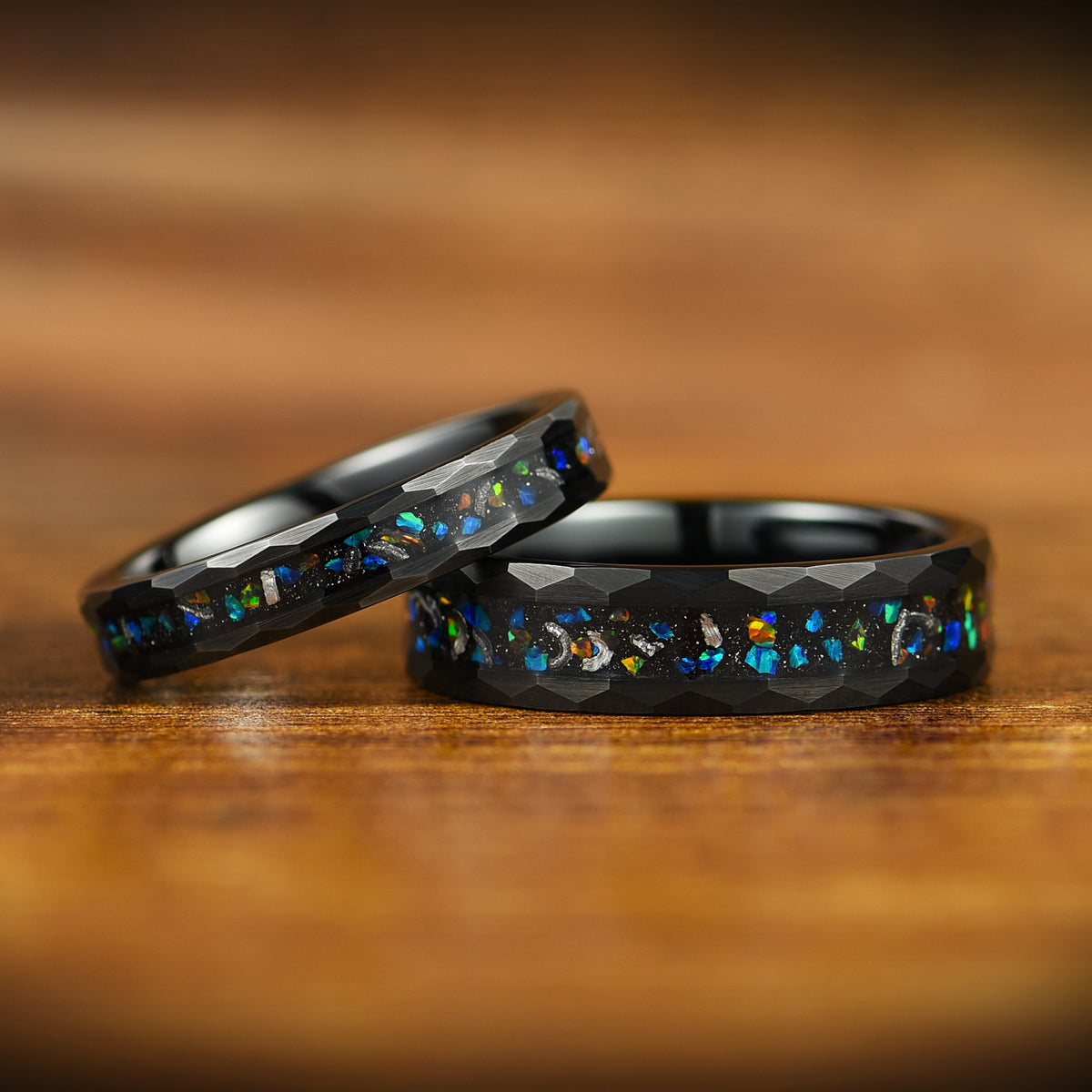 His and Hers Wedding Band Set with Meteorite, Black Fire Opal and Hammered Tungsten Rings Main View