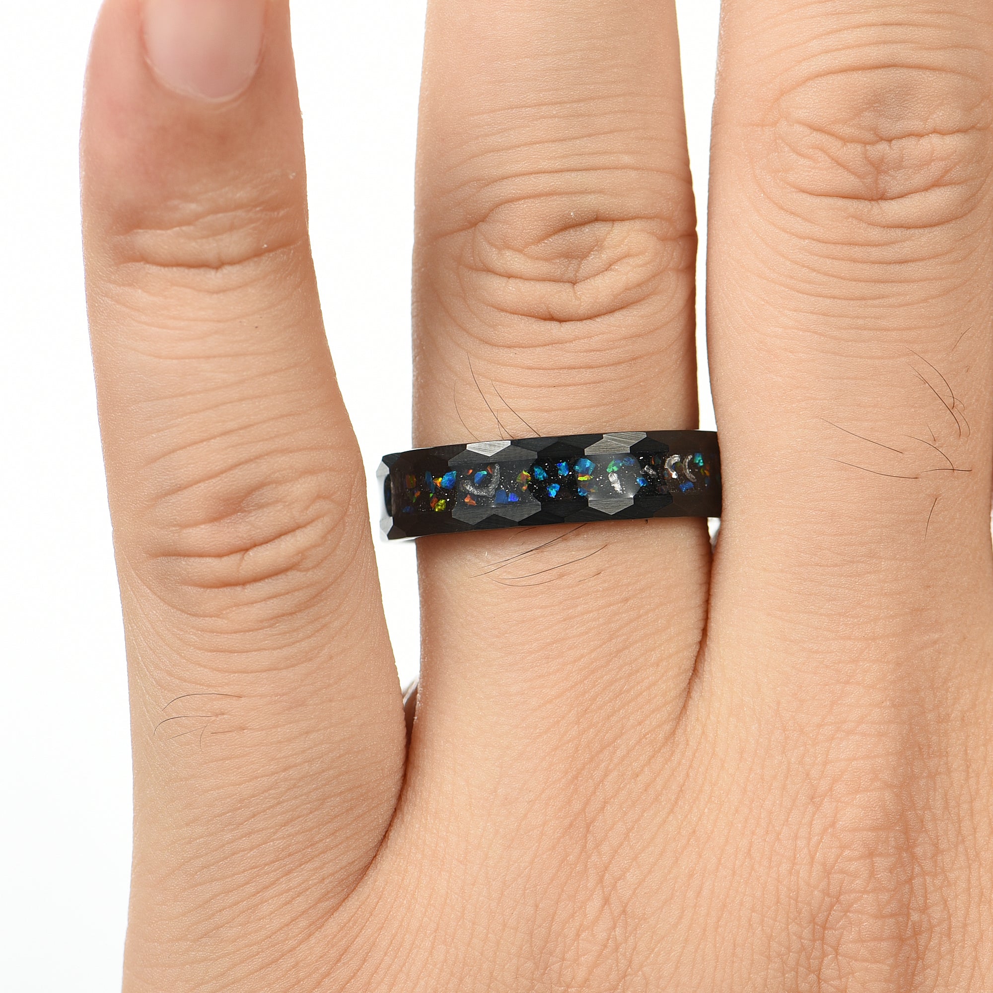 His & Hers Wedding Band Set with Meteorite, Black Fire Opal and Tungsten Band Male Hand Display