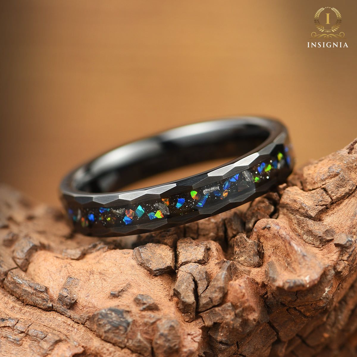 His and Hers Wedding Band Set Showing Black Fire Opal Inlay and Hammered Tungsten Finish